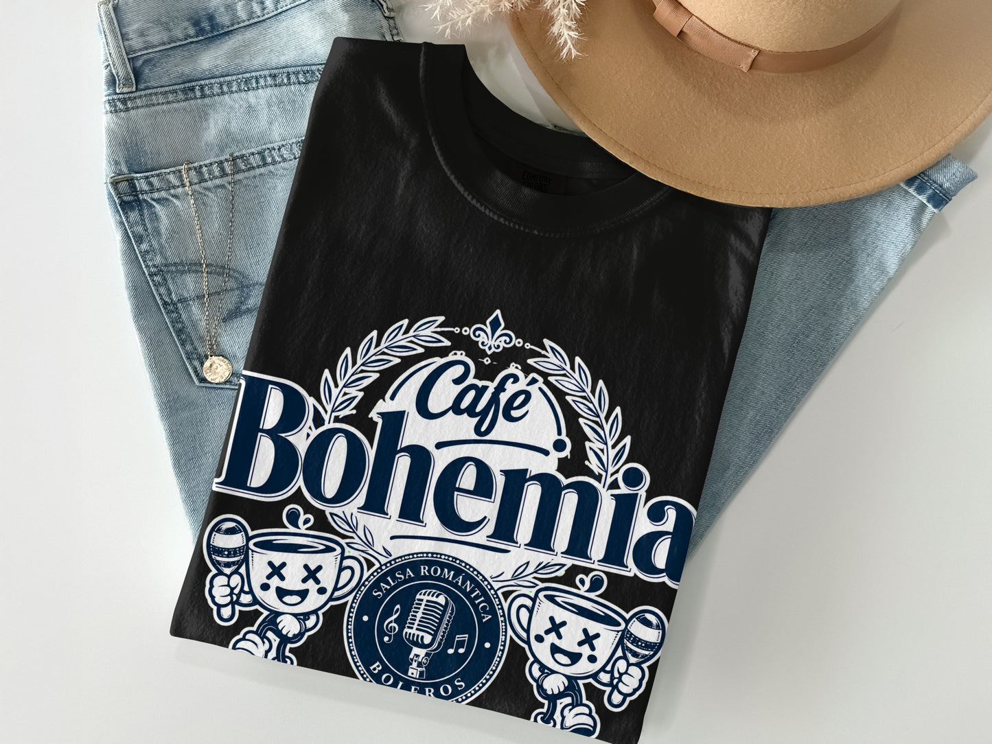 Black t-shirt with "Cafe Bohemia Salsa Romantica Boleros" text and cartoon maracas.