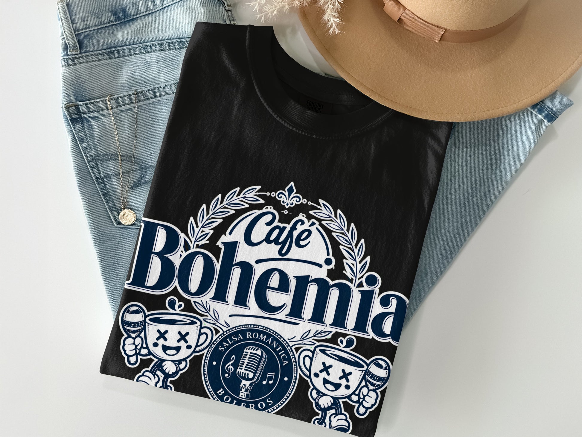 Black t-shirt with "Cafe Bohemia Salsa Romantica Boleros" text and cartoon maracas.