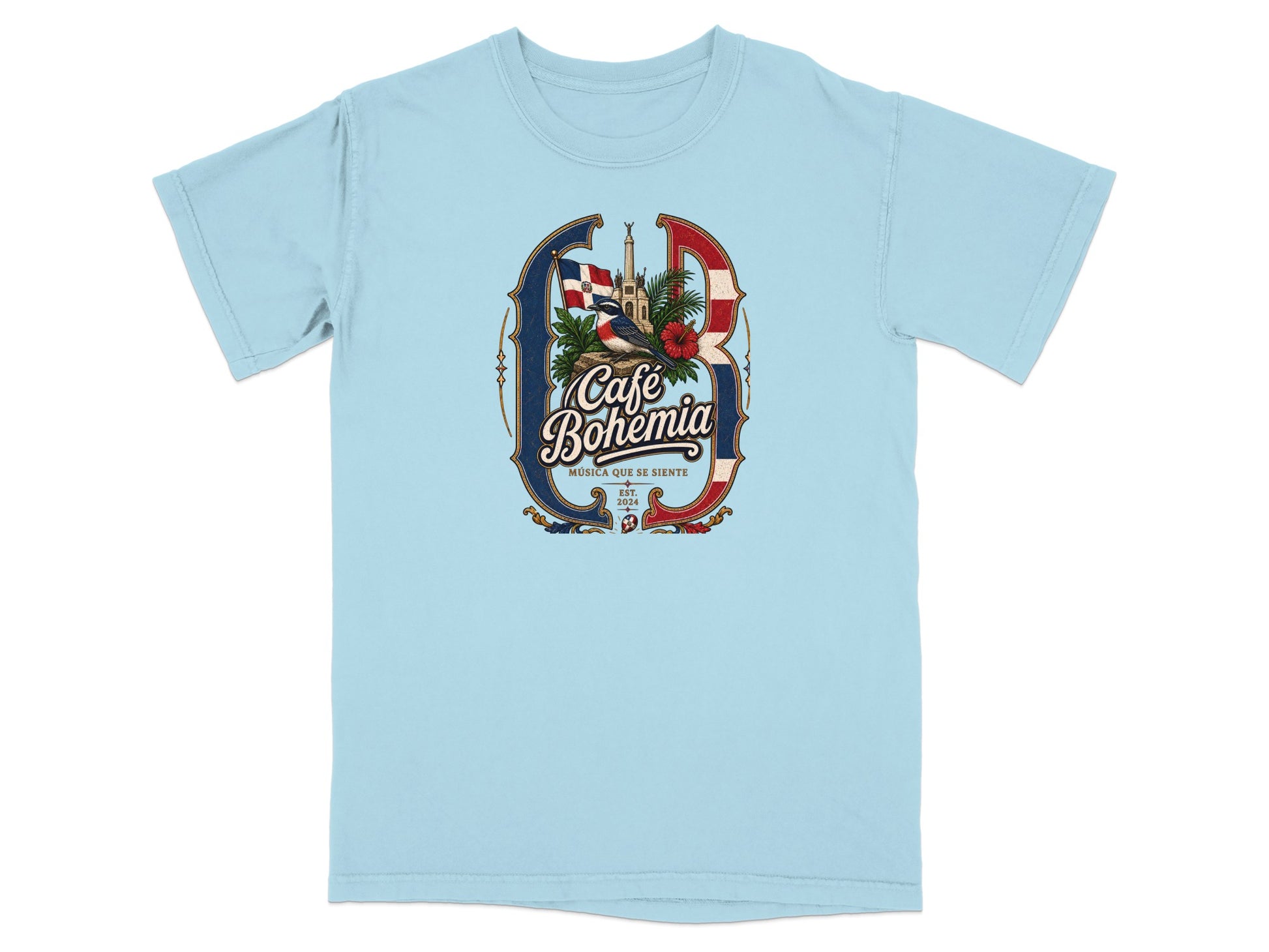 Light blue t-shirt with "Café Bohemia" and bird illustration with Dominican flag.