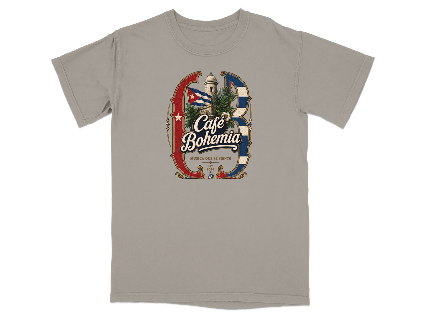 T-shirt with "Café Bohemia Música Que Se Siente" text and Cuban flag design.