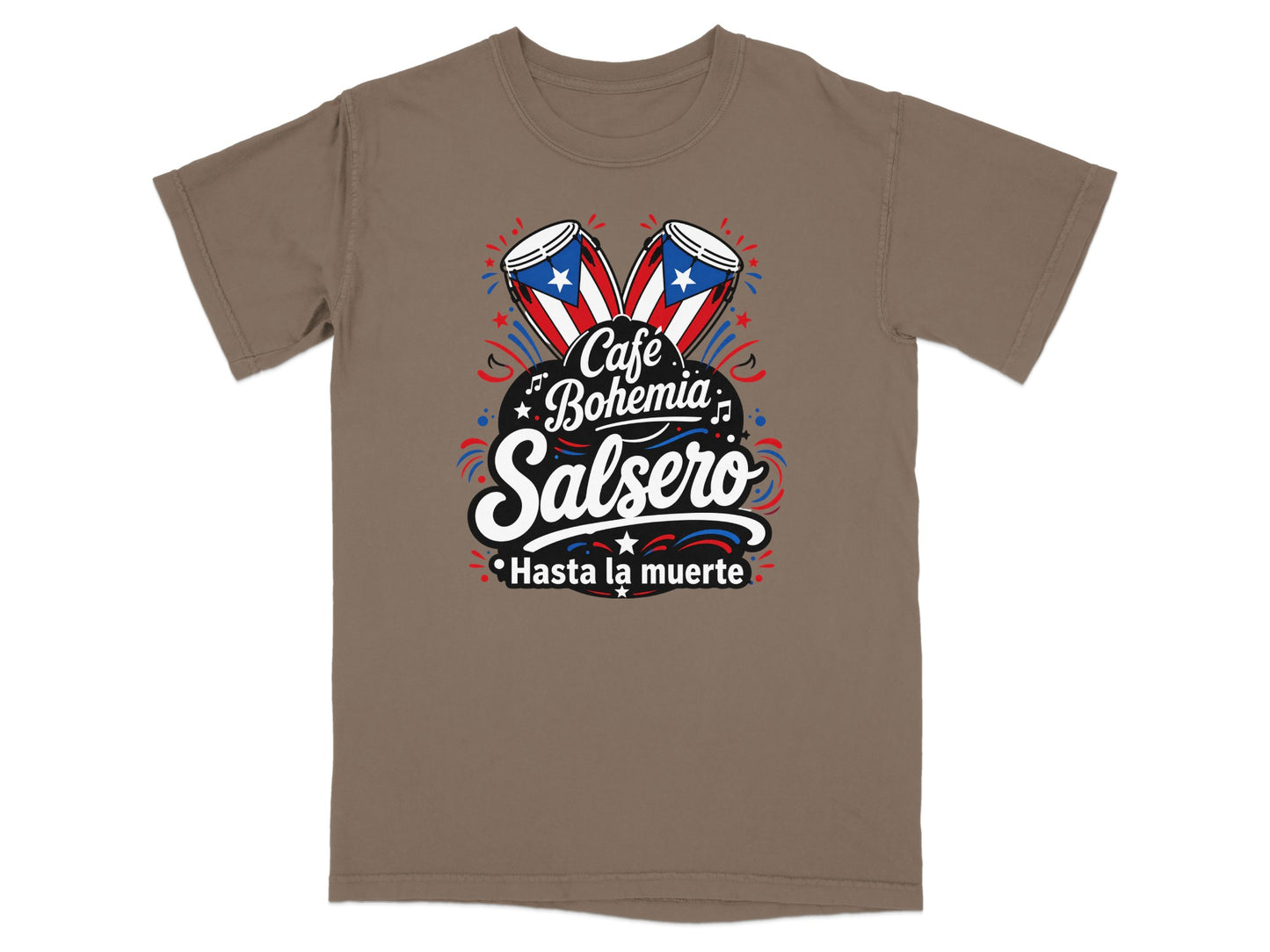 Brown t-shirt with "Cafe Bohemia Salsero" and drums graphic.