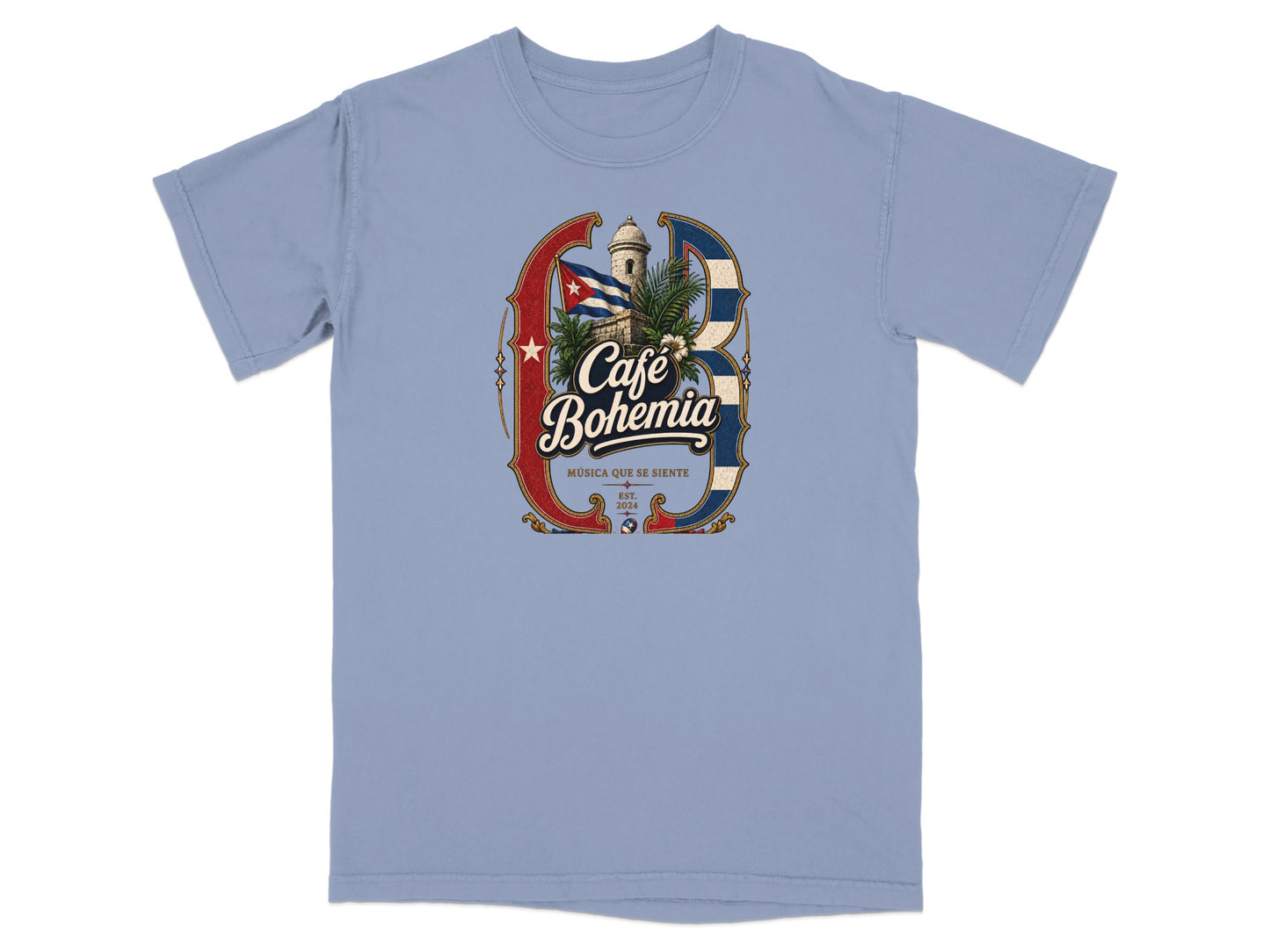 Light blue t-shirt with "Café Bohemia" vintage logo featuring Cuban flag and castle.