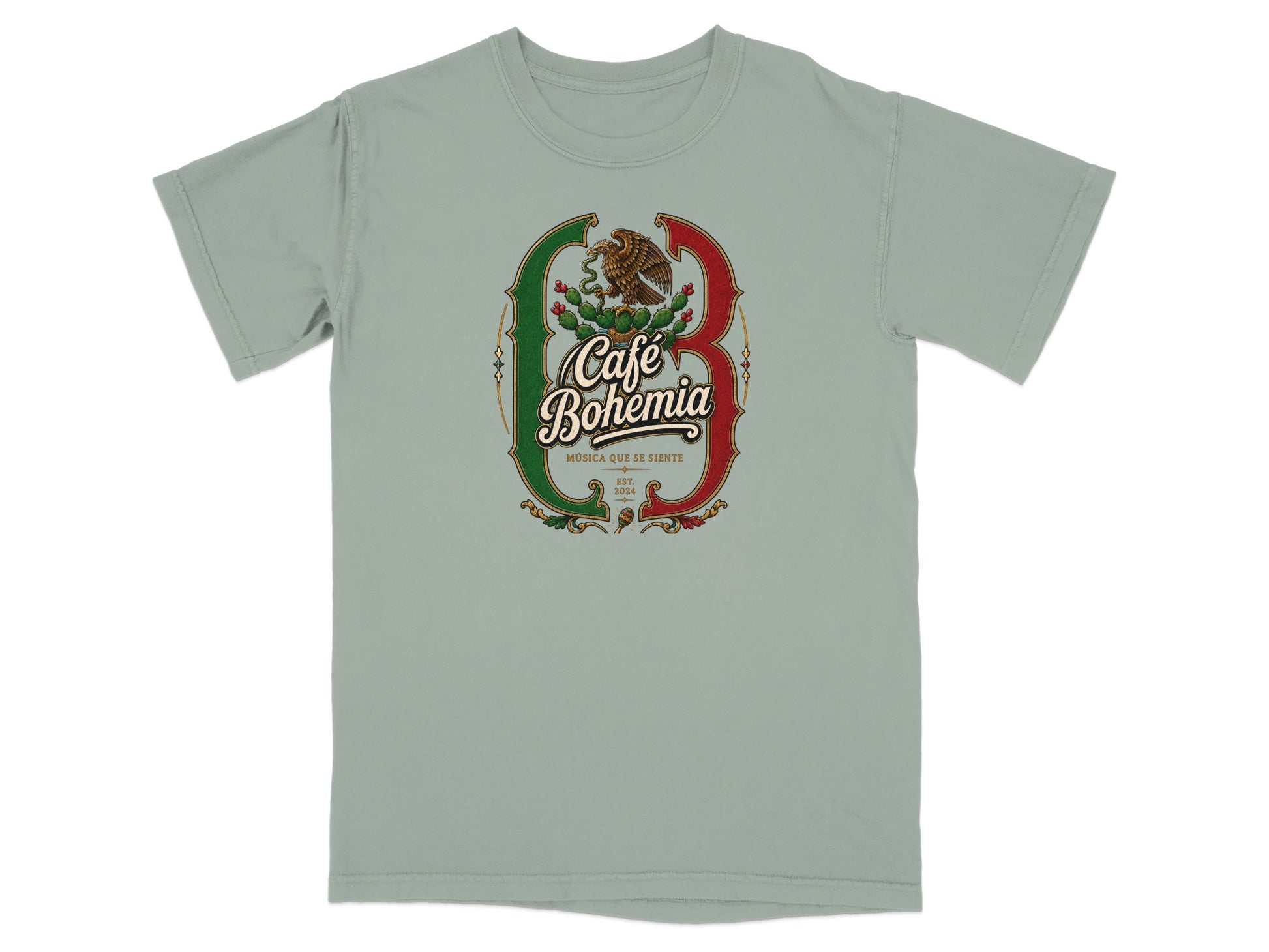 T-shirt with Cafe Bohemia logo featuring an eagle, cactus, and text that reads "MUSICA QUE SE SIENTE".
