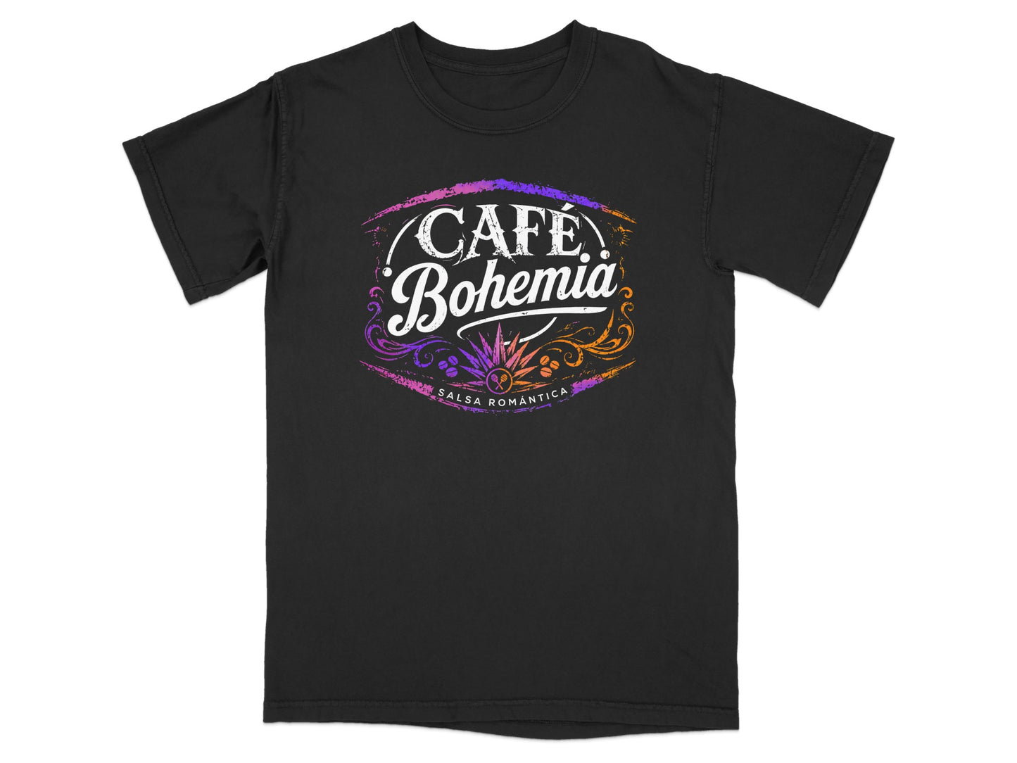 Black t-shirt with "Cafe Bohemia Salsa Romantica" logo in colorful, ornate lettering.