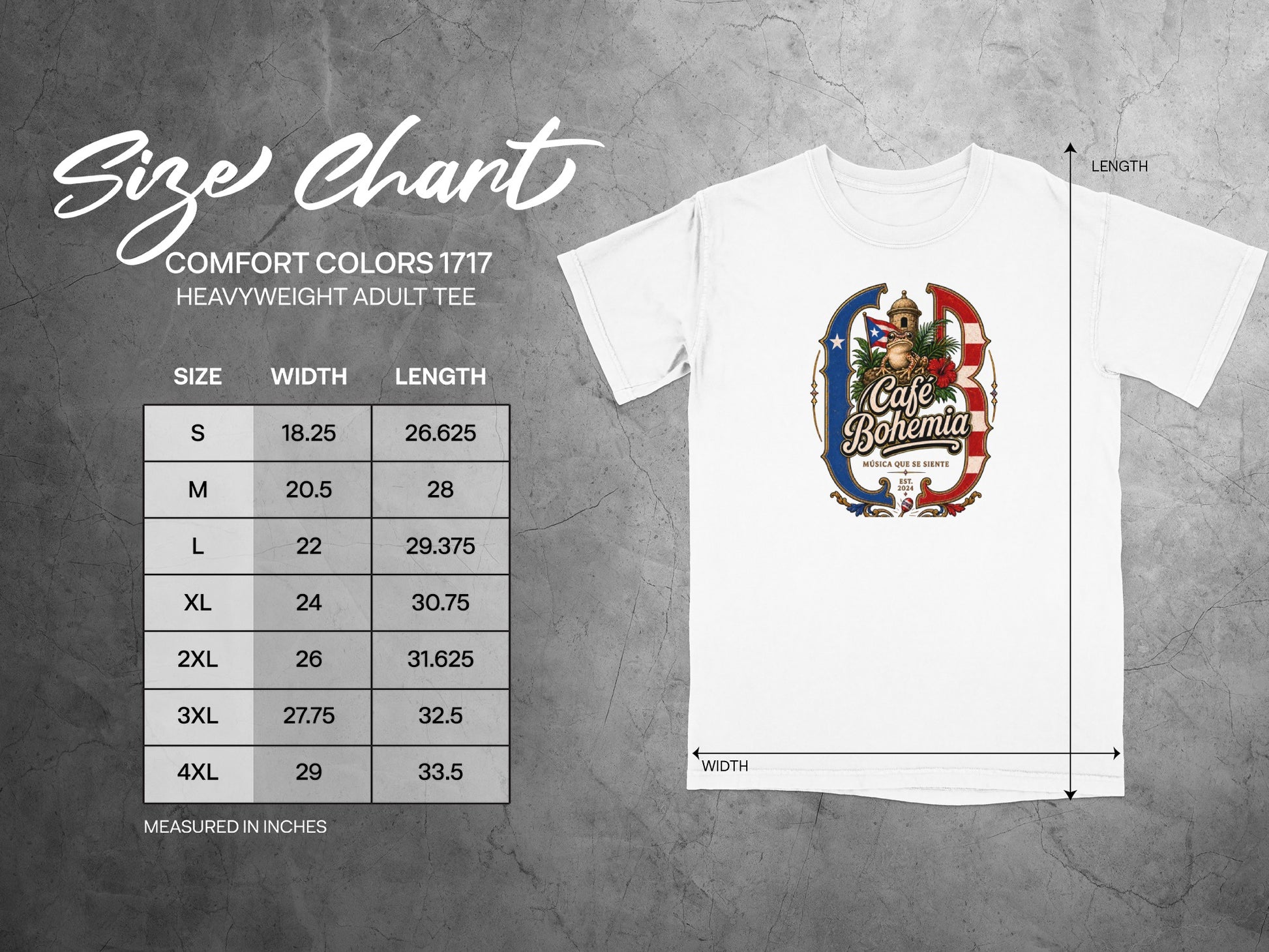 Comfort Colors 1717 heavyweight adult tee size chart with width and length measurements in inches.