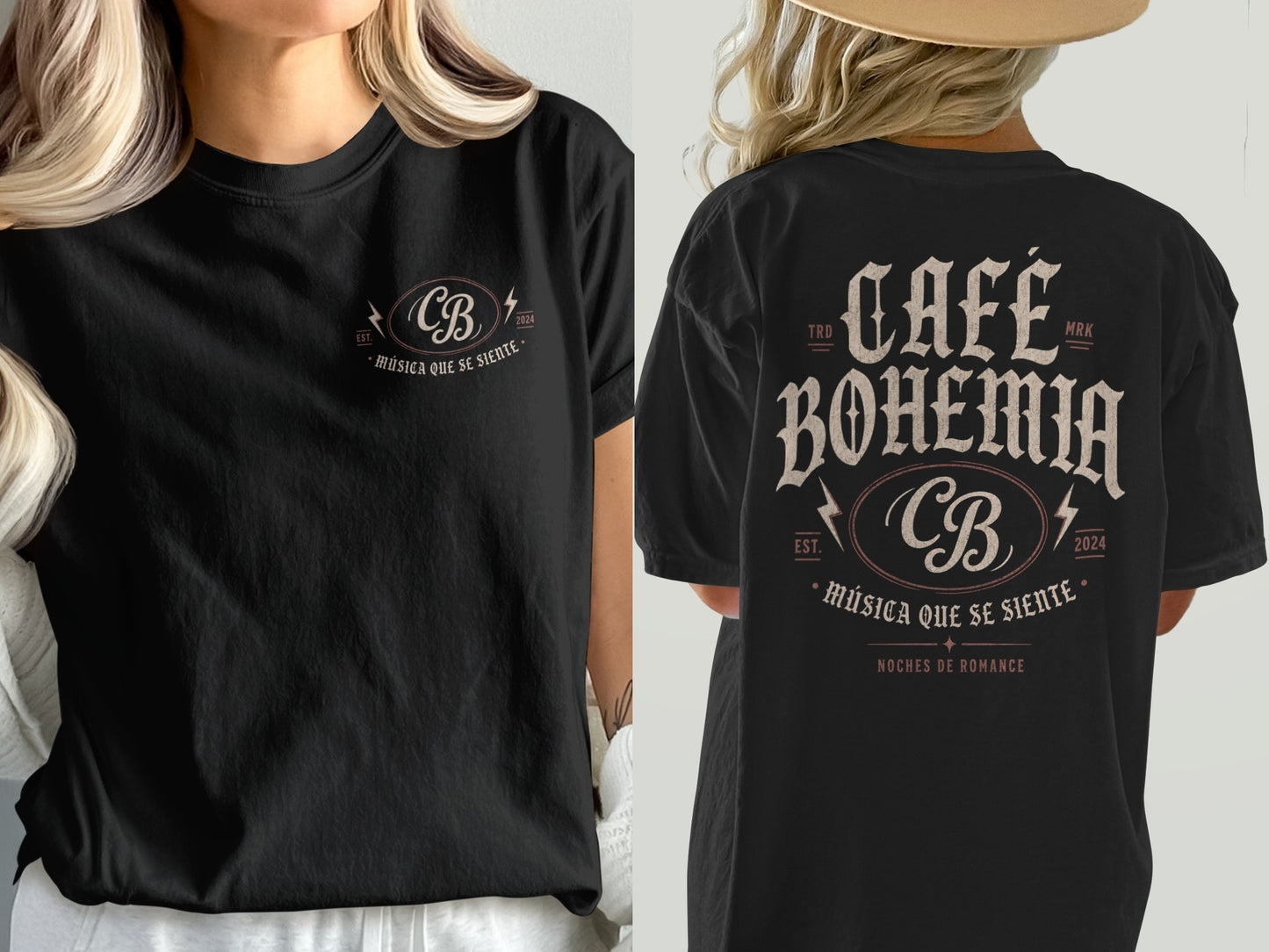 Black t-shirt with "Café Bohemia" logo on front and back.