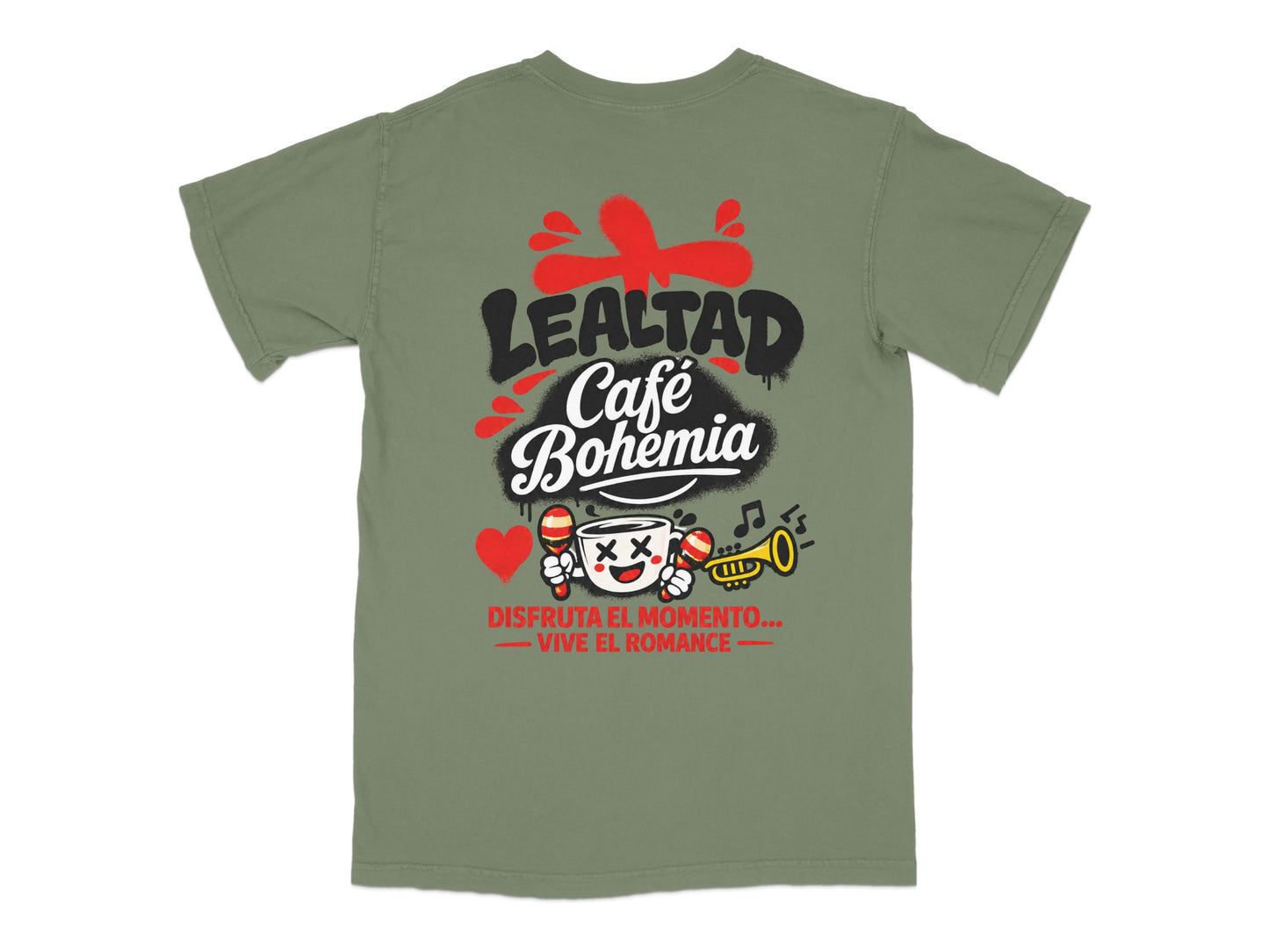 T-shirt back with "LEALTAD Café Bohemia" text and cartoon heart musician.