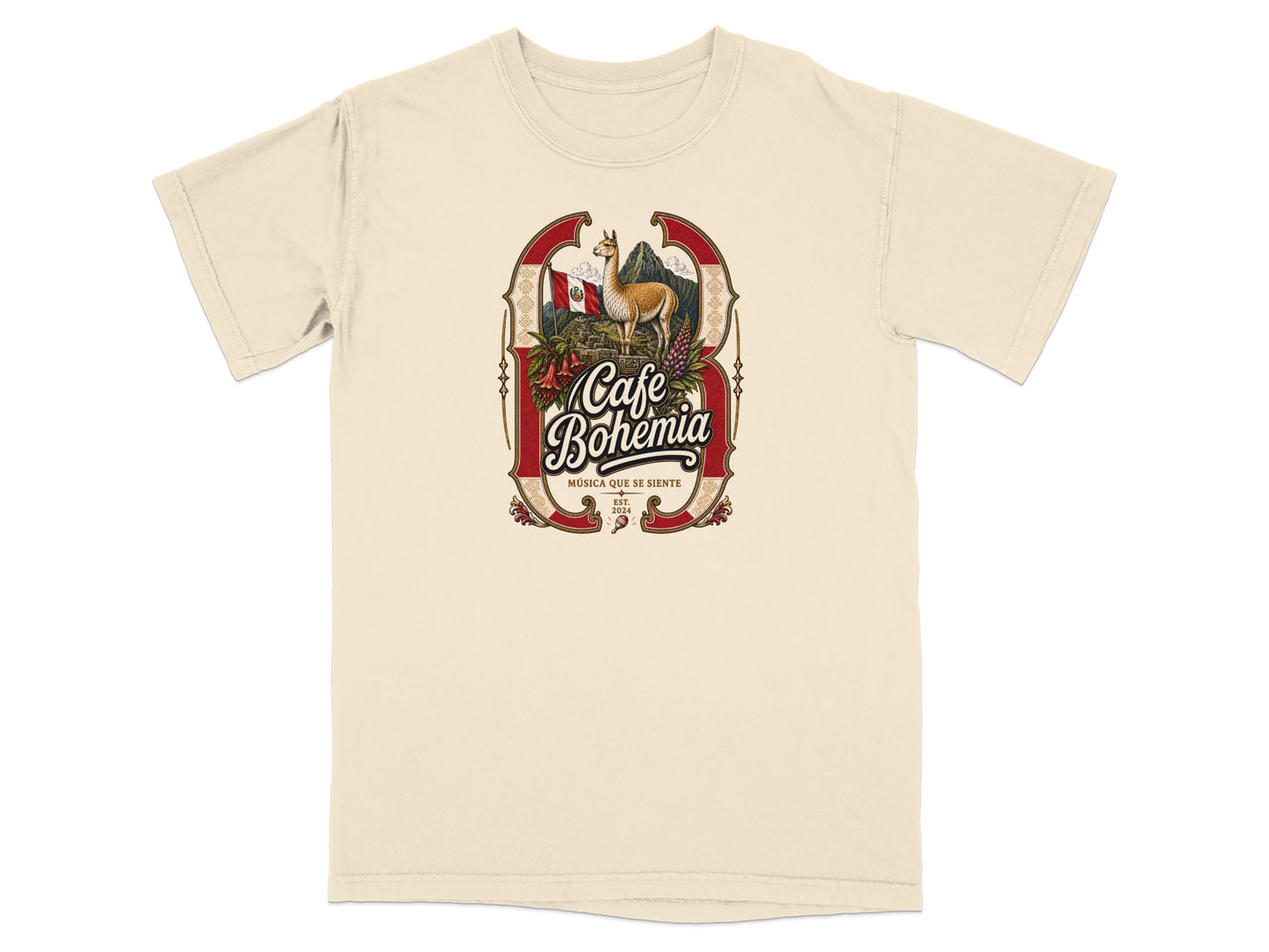 Cream t-shirt featuring "Cafe Bohemia" logo with llama, mountains, and Peruvian flag.