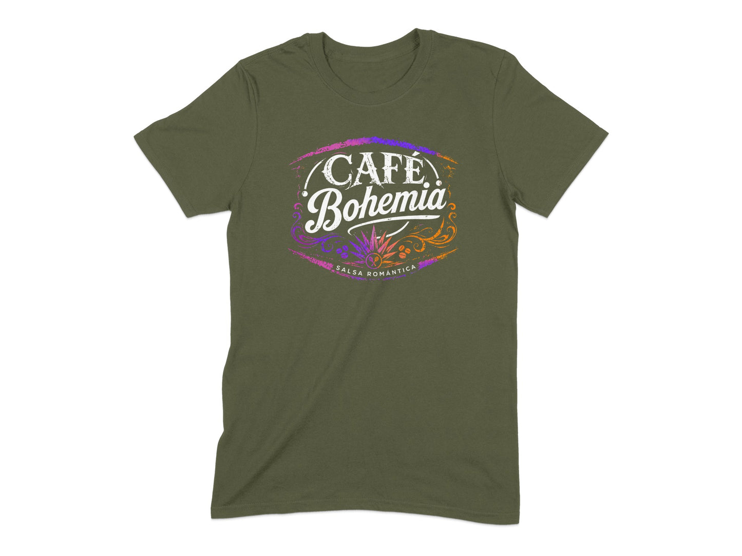 Green t-shirt with "Café Bohemia Salsa Romantica" text in an oval graphic.