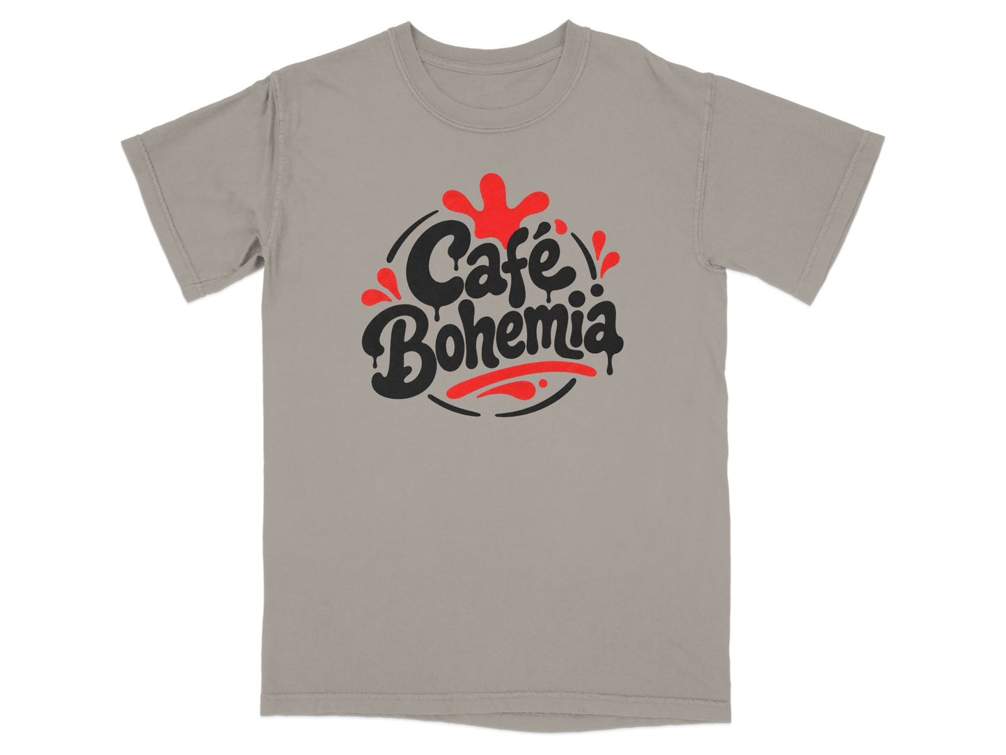 Cafe Bohemia logo on a light gray t-shirt.