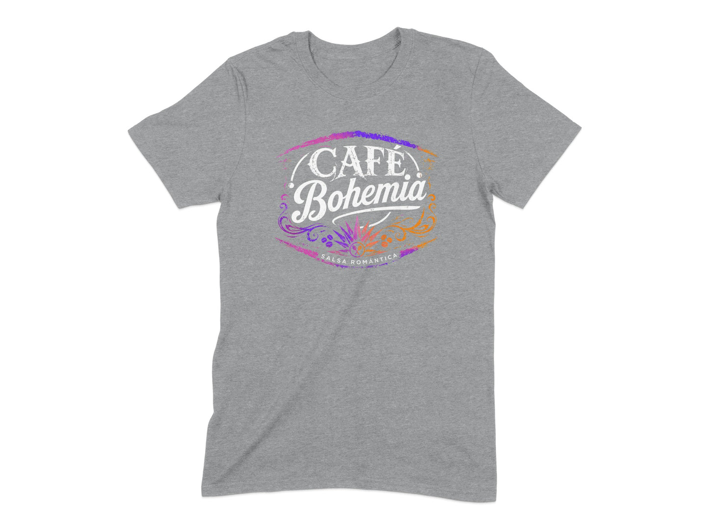 Grey t-shirt with "Cafe Bohemia Salsa Romantica" text and colorful swirling design.