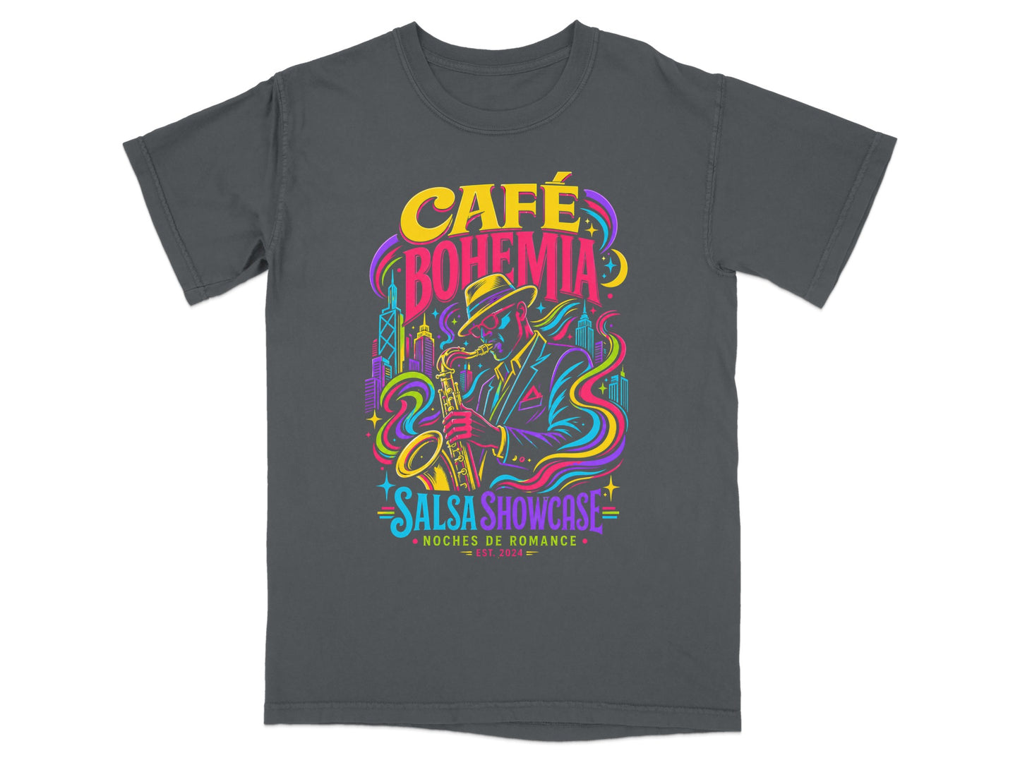 T-shirt featuring "Café Bohemia Salsa Showcase" graphic with musician and city skyline.