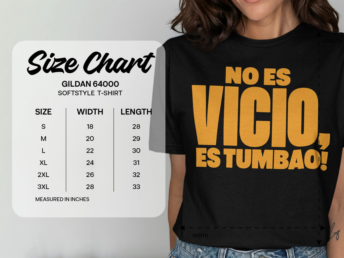 Gildan 64000 Softstyle T-shirt size chart with measurements in inches.