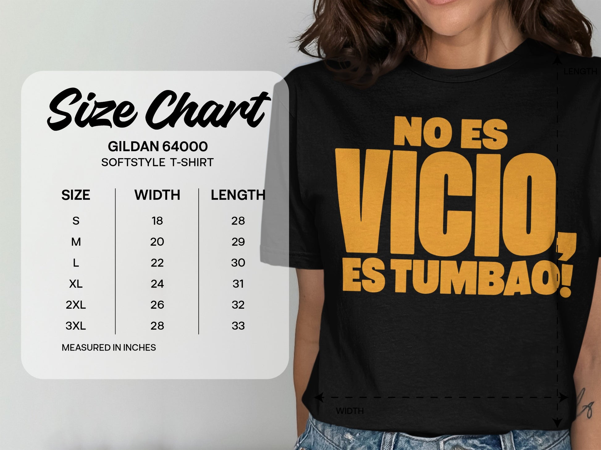 Gildan 64000 Softstyle T-shirt size chart with measurements in inches.