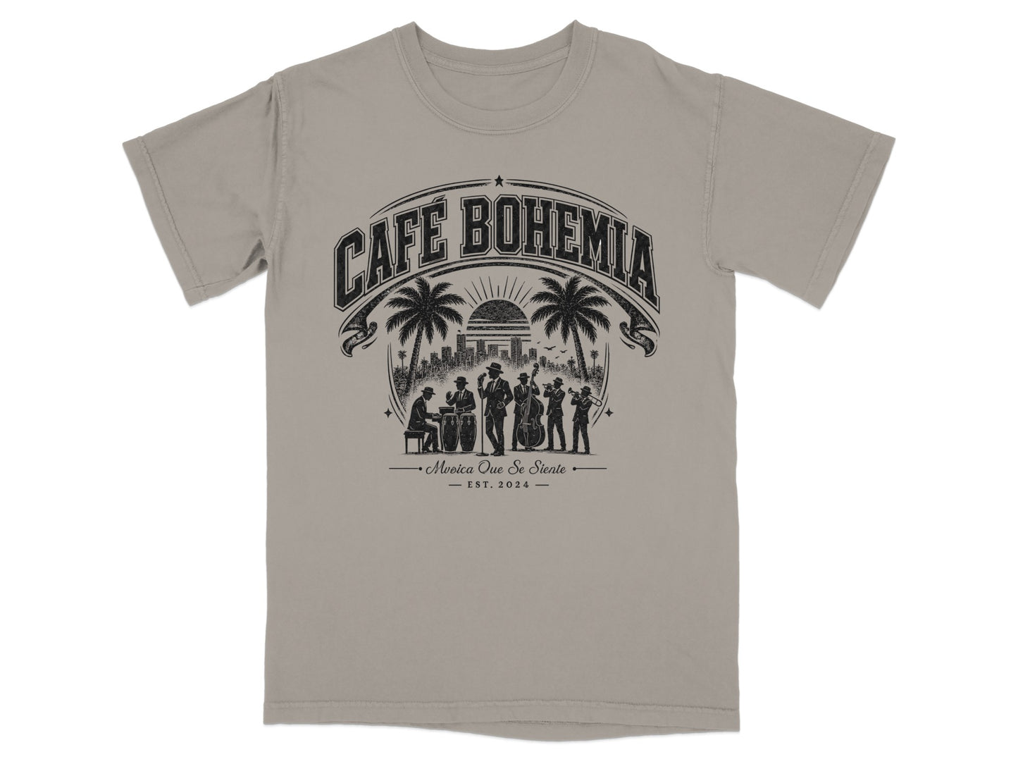 Café Bohemia logo with musical ensemble and palm trees, Est. 2024.