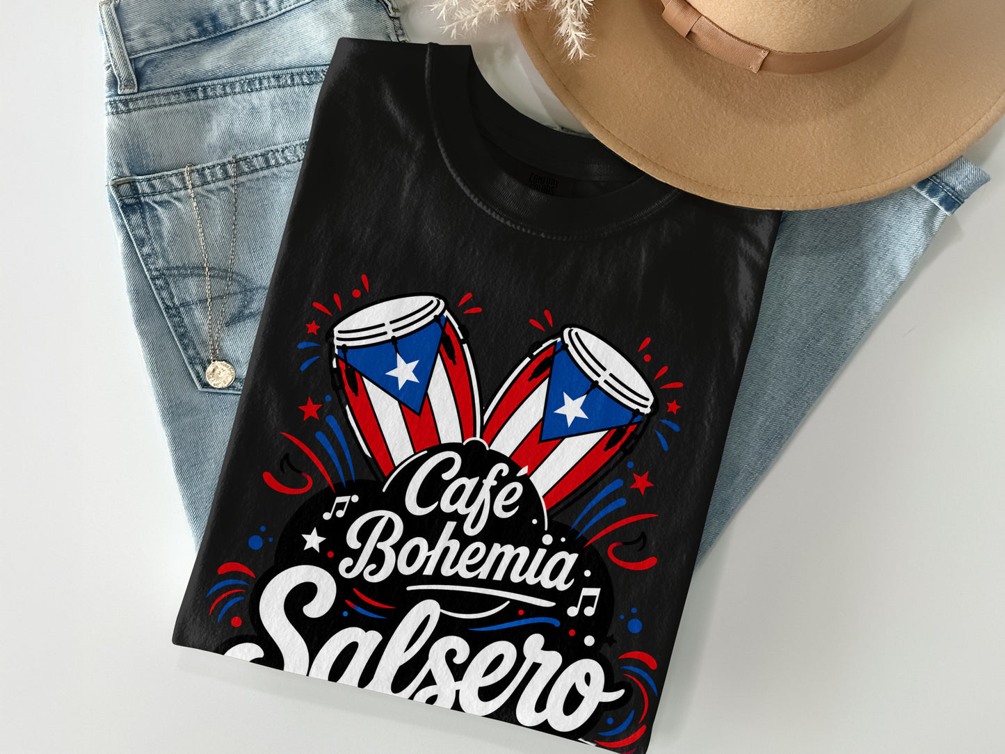 Black t-shirt with "Cafe Bohemia Salsero" and Puerto Rican flag drums.