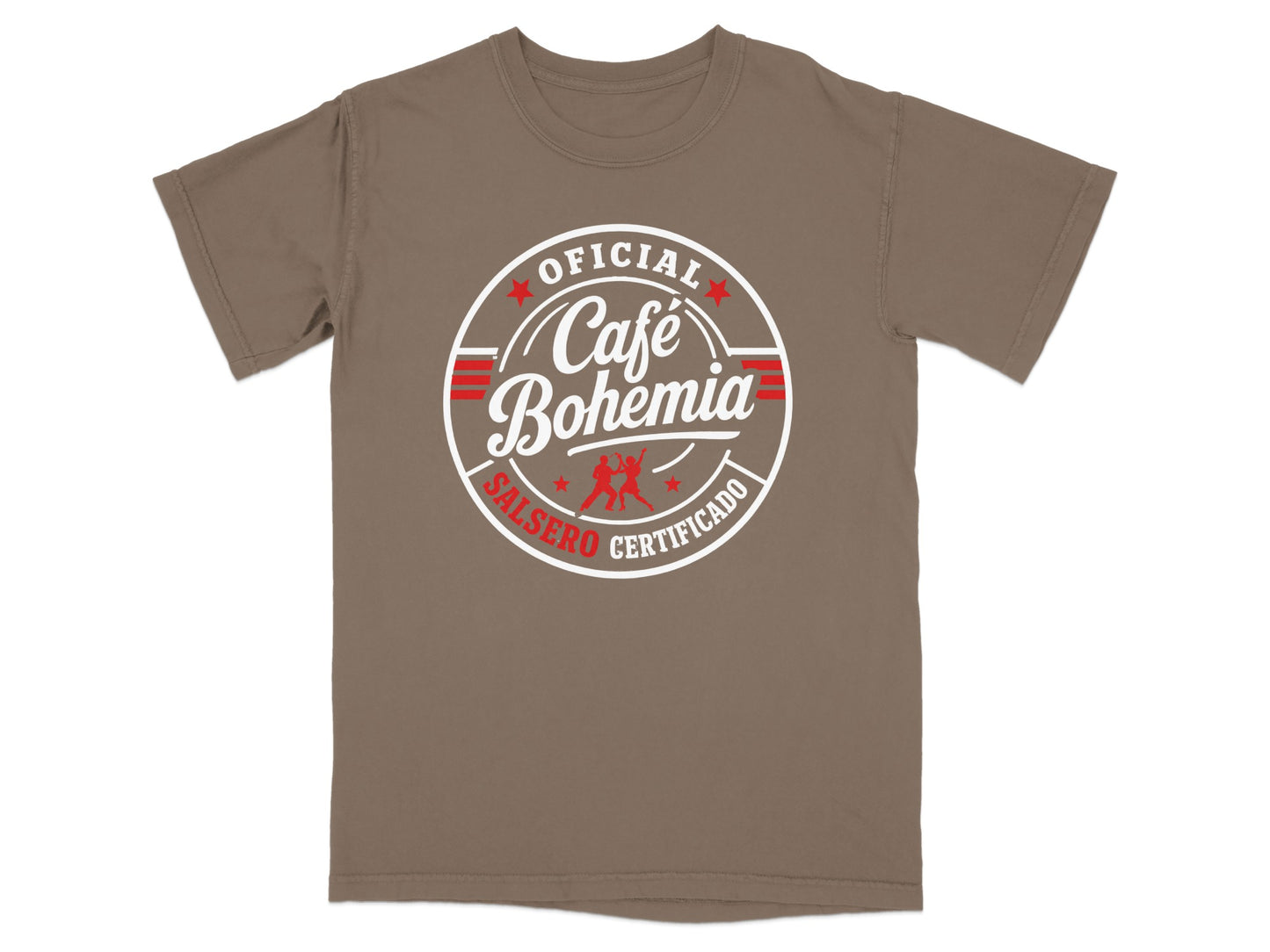 Brown t-shirt with "Oficial Café Bohemia Salsero Certificado" logo.
