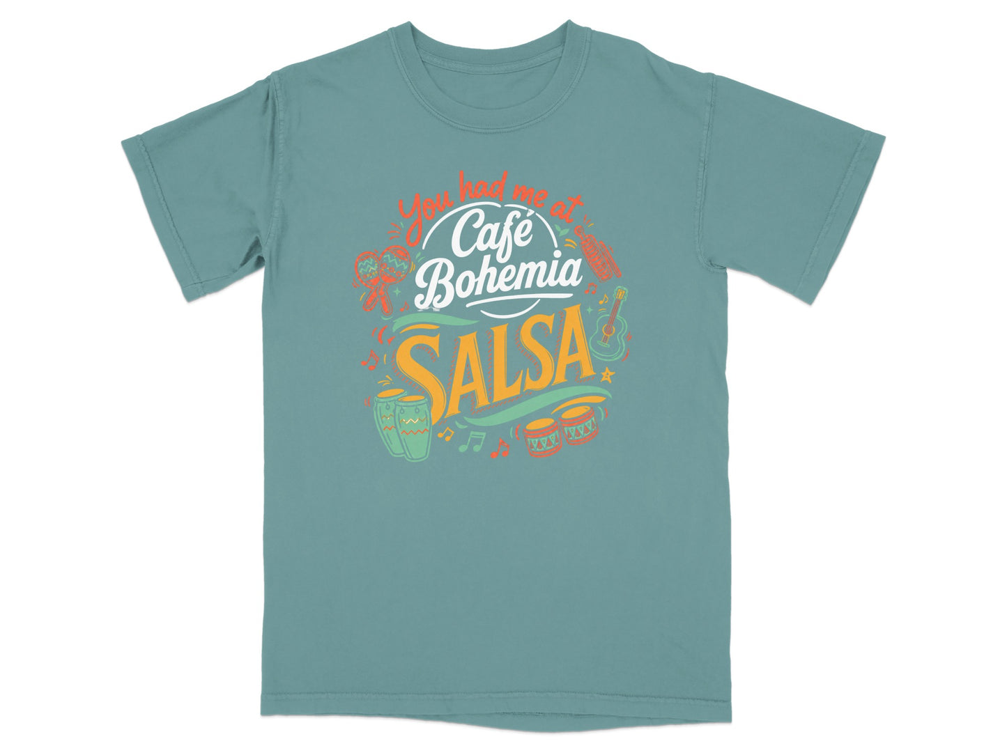 T-shirt with "You had me at Cafe Bohemia Salsa" text and music icons.