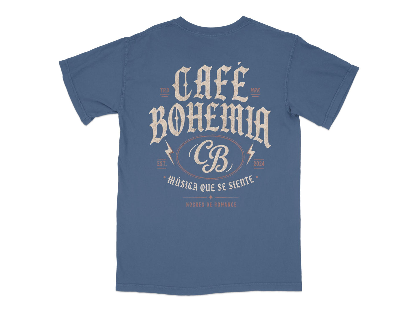 Blue t-shirt with "Café Bohemia CB" and "Música que se siente" text.