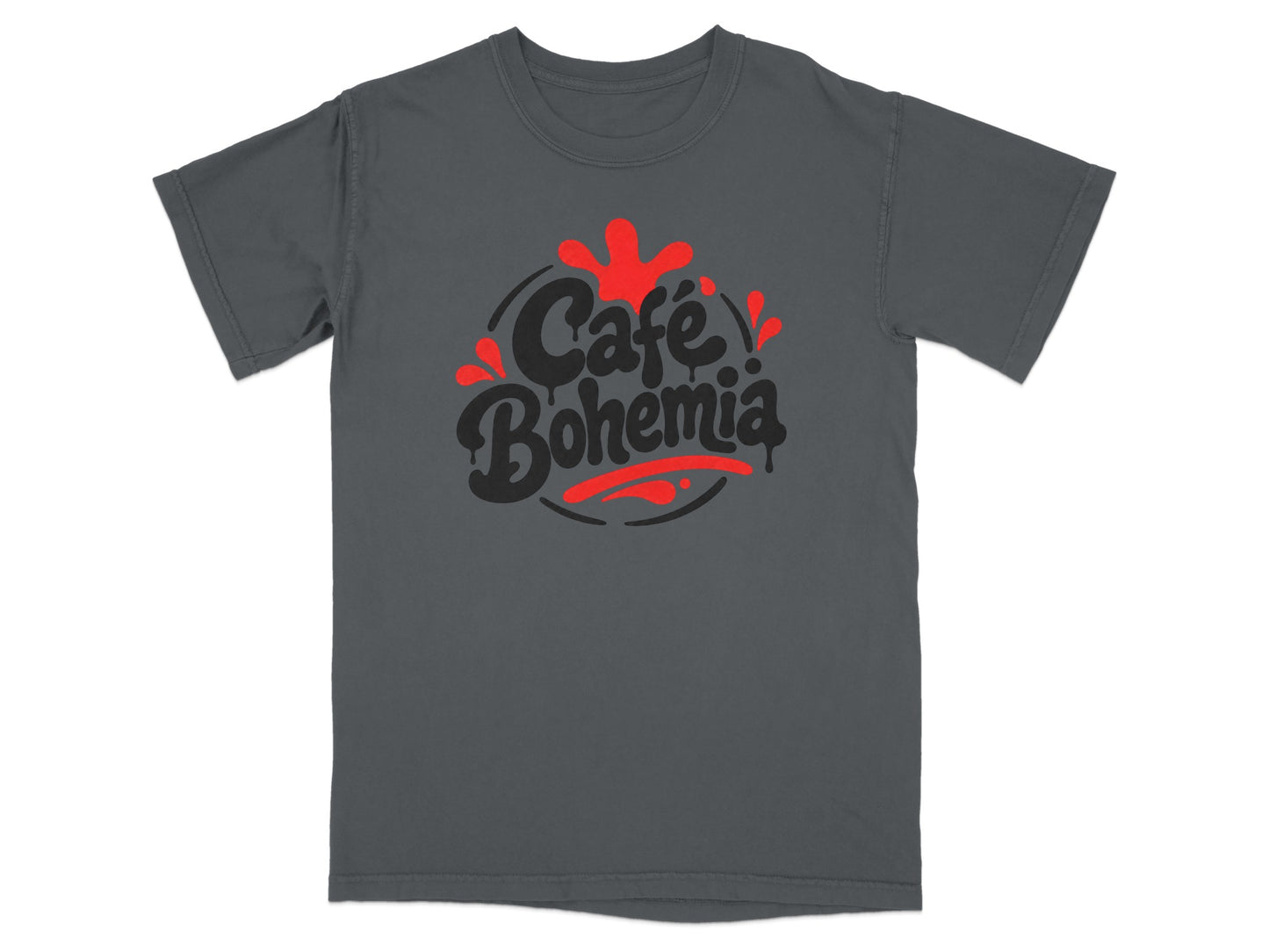 Dark grey t-shirt with red "Café Bohemia" graphic in a graffiti-style font.