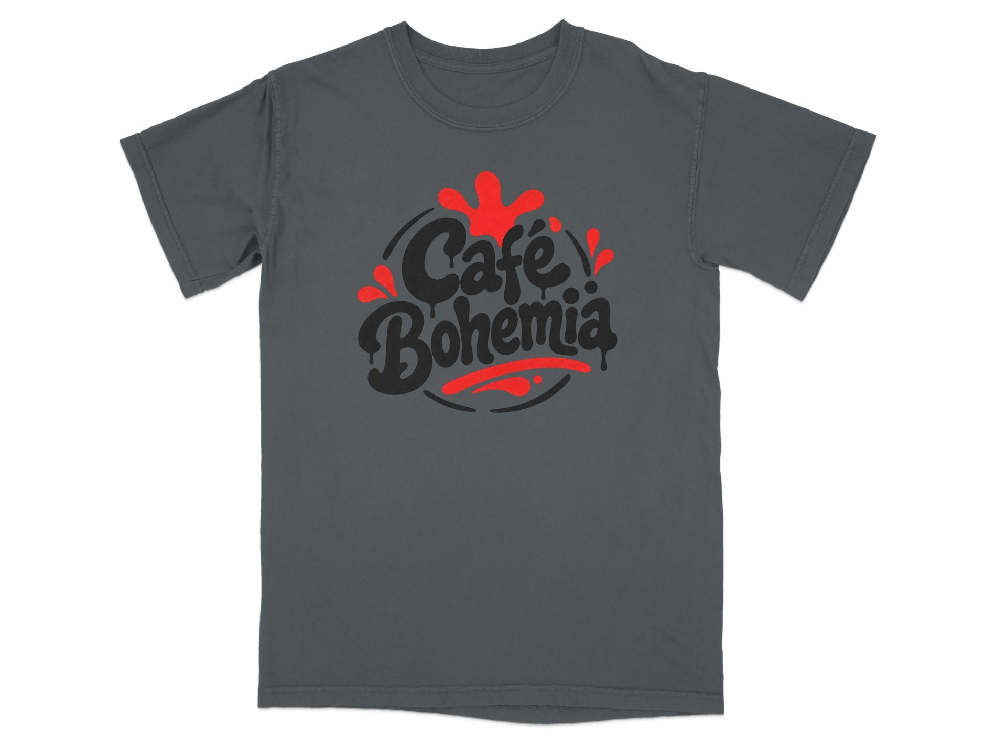 Dark grey t-shirt with red "Café Bohemia" graphic in a graffiti-style font.