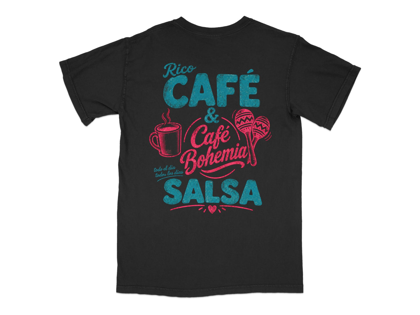 Black t-shirt with "Rico Cafe & Bohemia Salsa" text and coffee cup graphic.
