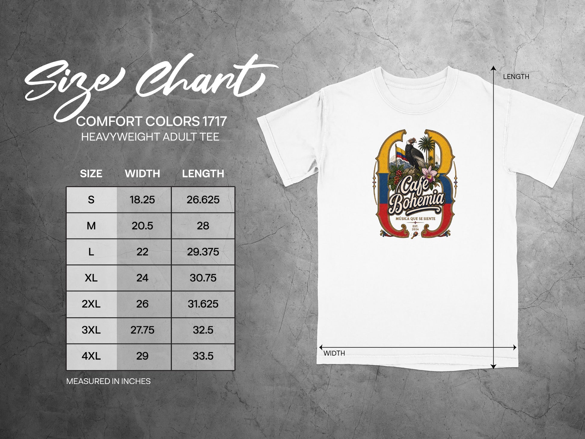 Comfort Colors 1717 size chart for heavyweight adult tees measured in inches.
