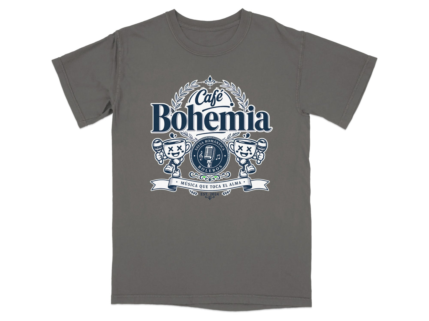 Cafe Bohemia t-shirt with microphones, musical notes, and "Música Que Toca El Alma" text.