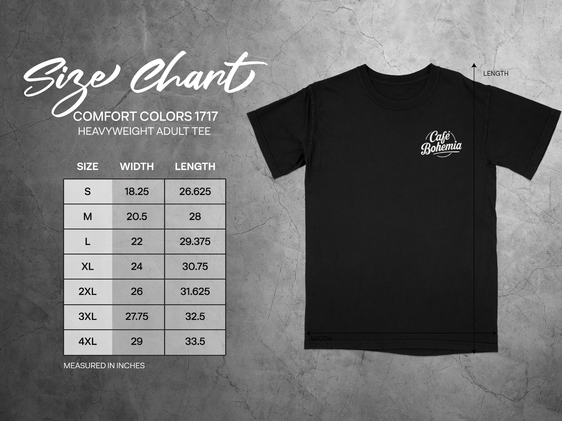 Size chart for Café Bohemia heavyweight adult tee, measured in inches.