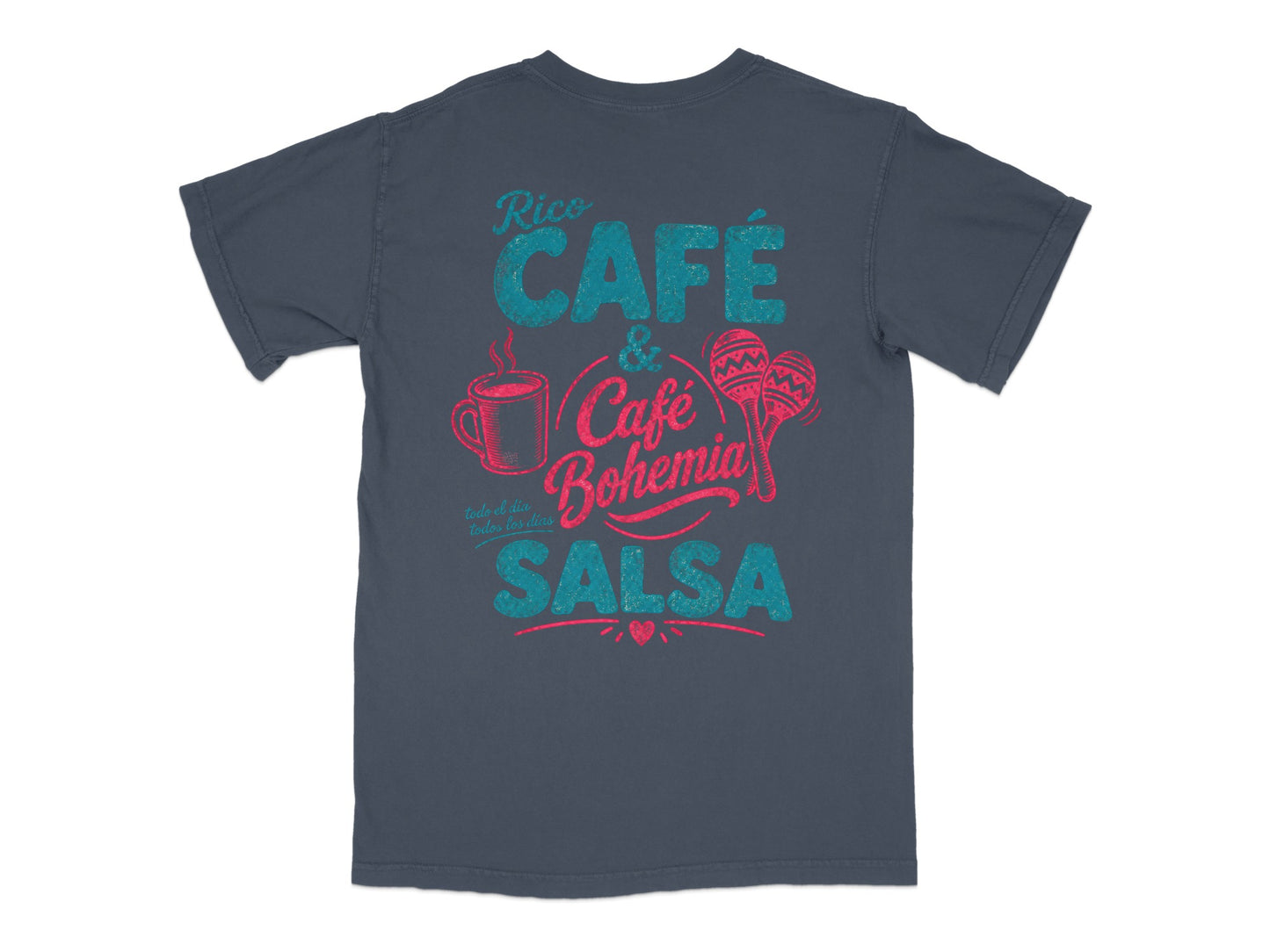 Rico Cafe & Bohemia Salsa graphic on dark t-shirt.