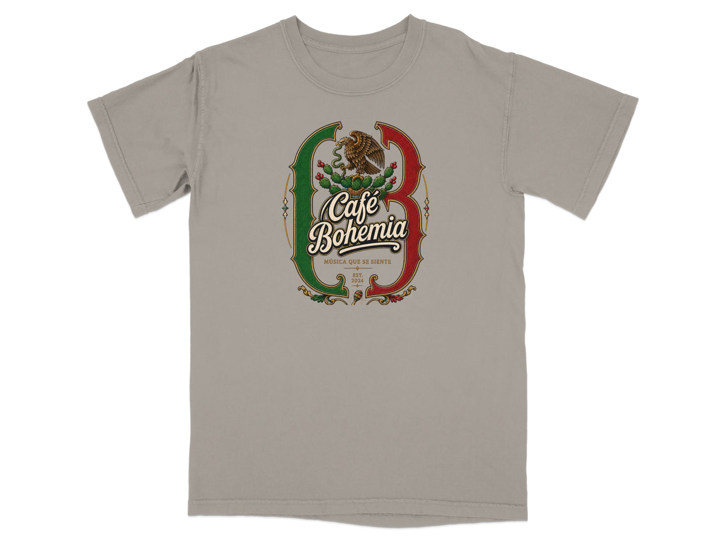 Grey t-shirt with a Cafe Bohemia logo featuring an eagle, cactus, and Mexican flag colors.