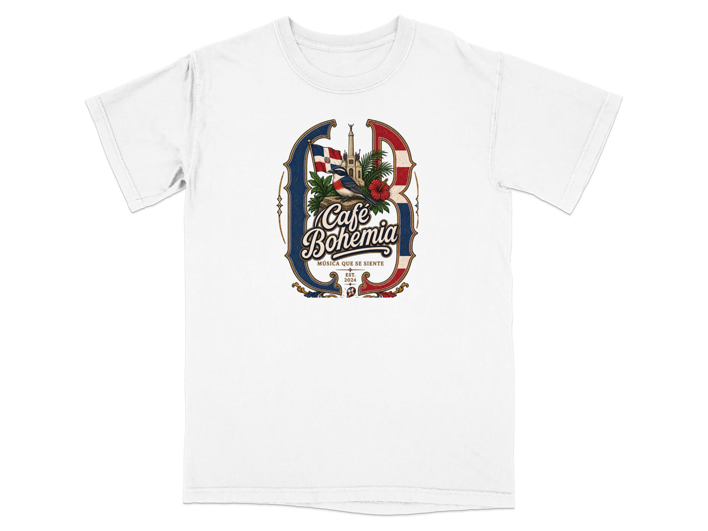 White t-shirt with Café Bohemia logo featuring a bird and flag.
