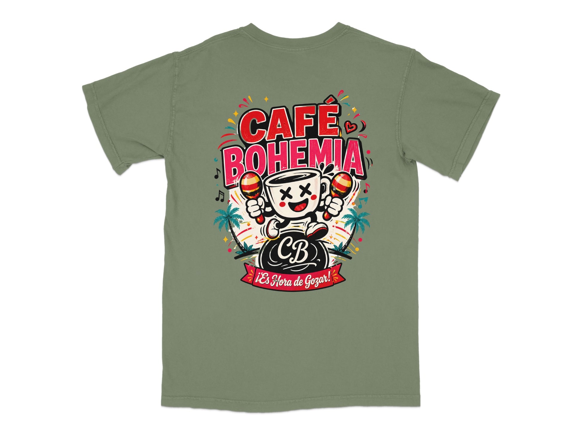 T-shirt graphic featuring a cartoon coffee cup character with maracas, "CAFÉ BOHEMIA" text, and palm trees.