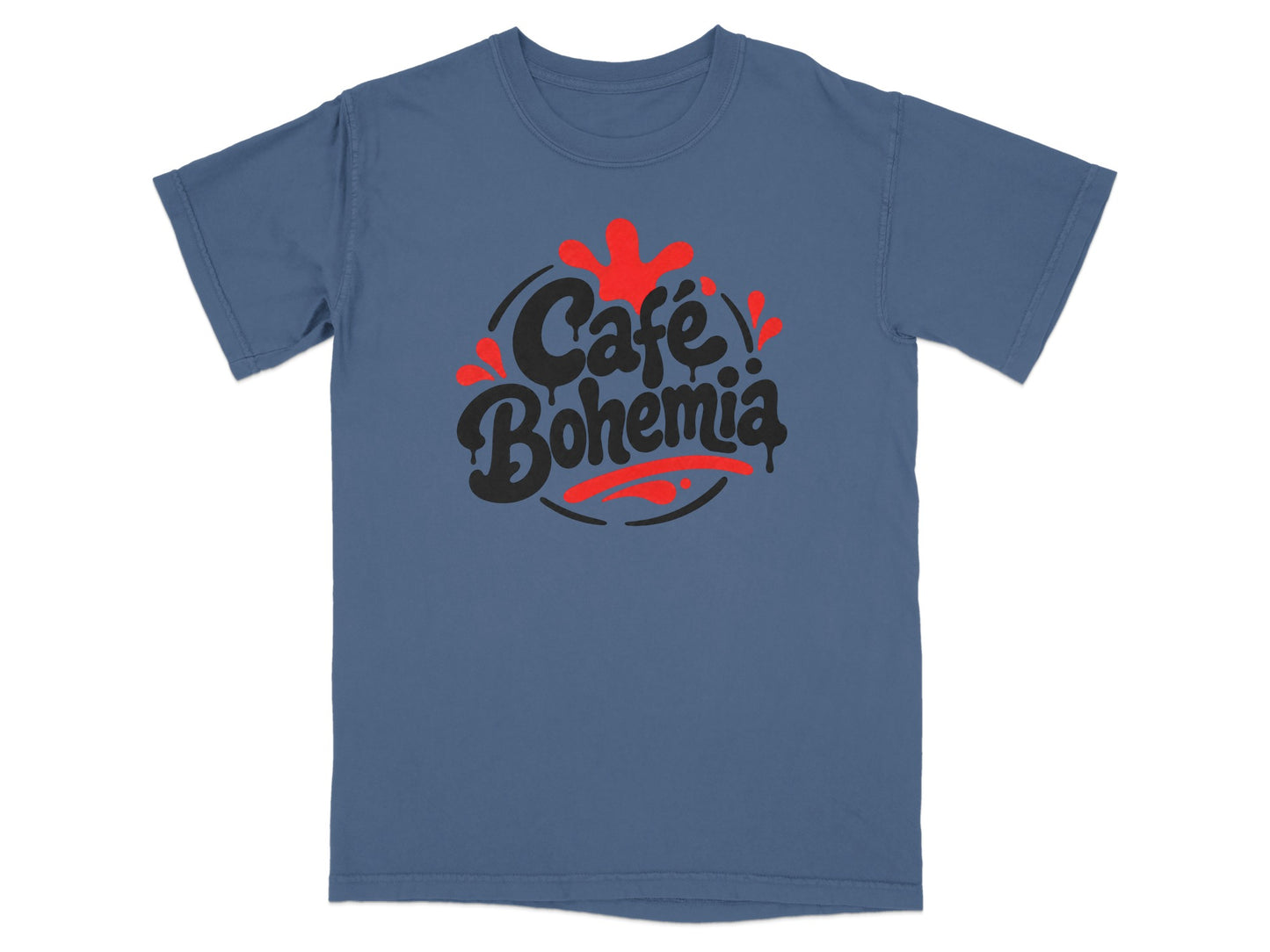 Blue t-shirt with black and red "Café Bohemia" logo in a spray-painted style.
