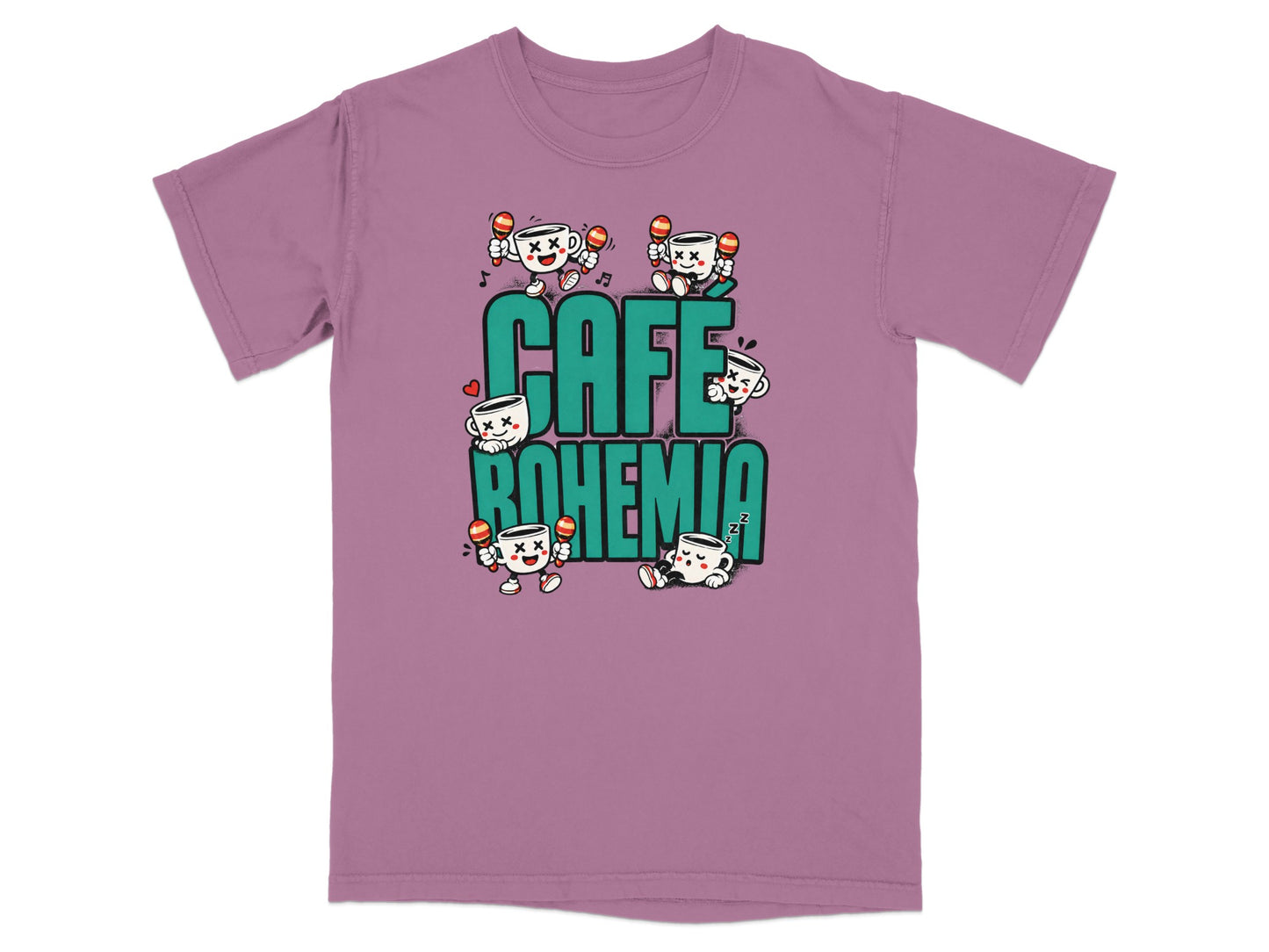 T-shirt graphic with "Cafe Bohemia" text and cartoon coffee cups playing maracas.