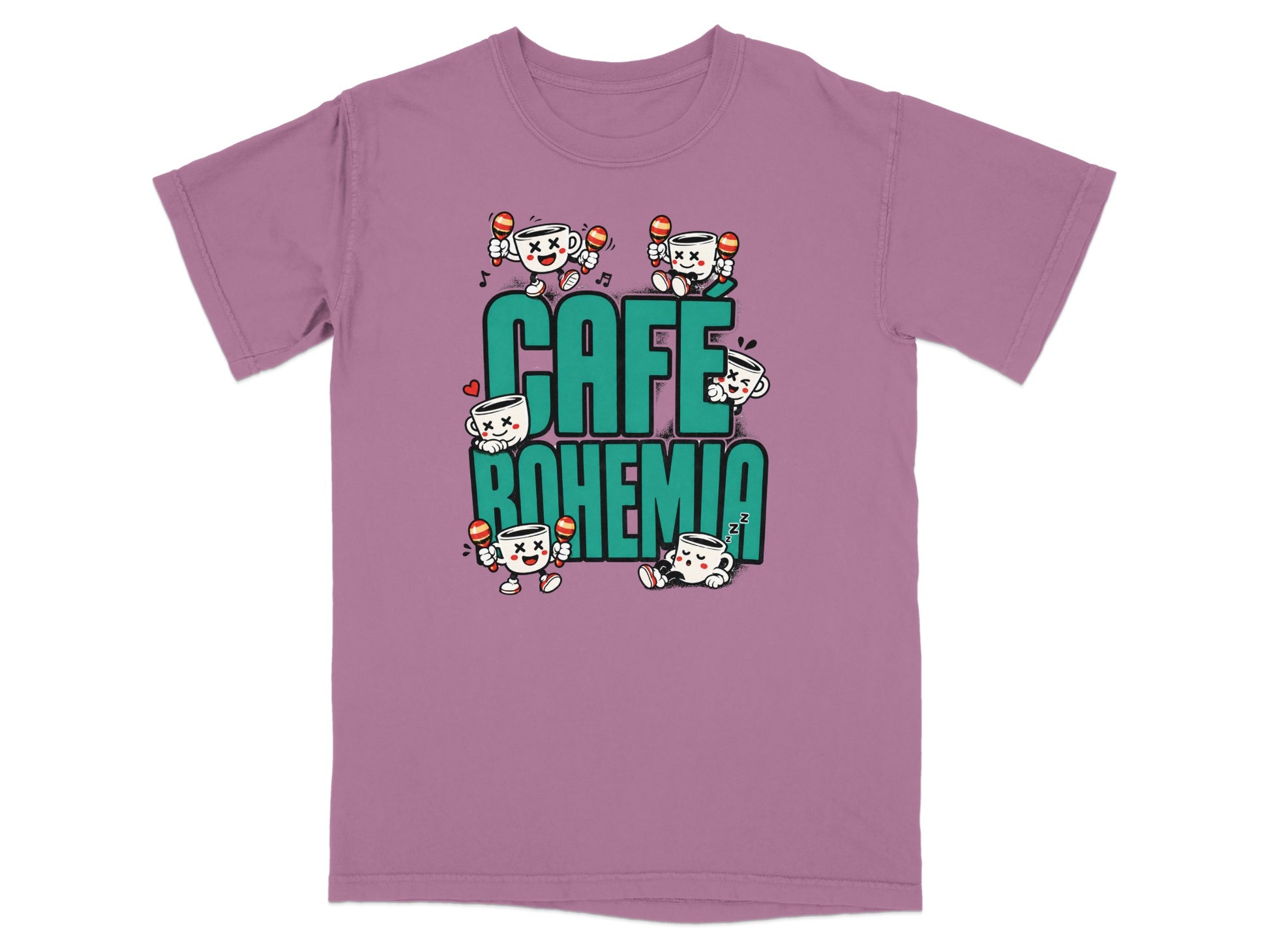 T-shirt graphic with "Cafe Bohemia" text and cartoon coffee cups playing maracas.