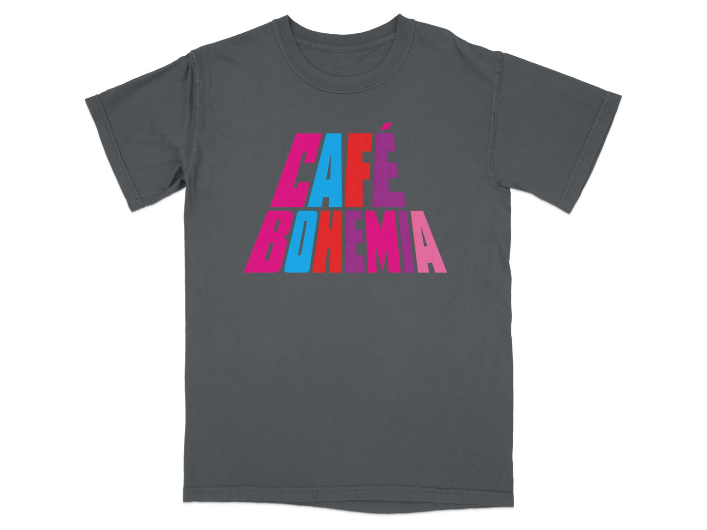 T-shirt with colorful "CAFÉ BOHEMIA" text on charcoal gray fabric.