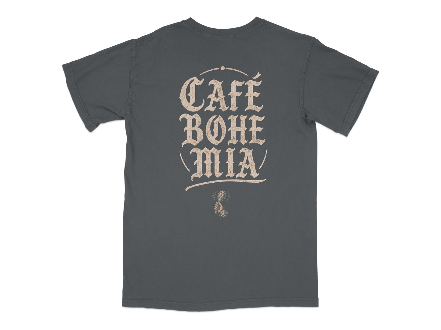 Gray t-shirt with "Café BoheMia" and microphone graphic on back.