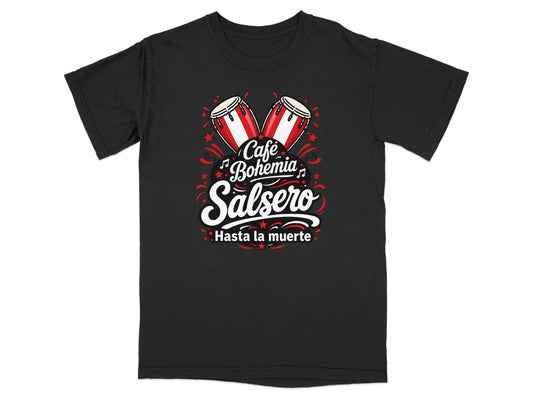 Black t-shirt with red conga drums and "Café Bohemia Salsero" text.