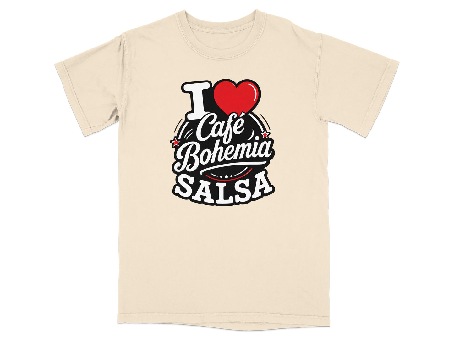 Cream t-shirt with "I ❤️ Café Bohemia SALSA" graphic.