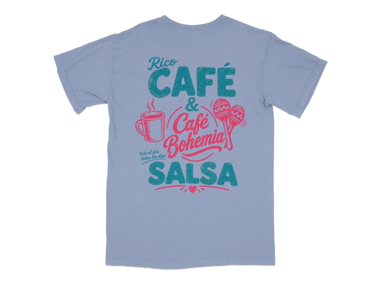 Light blue t-shirt with "Rico Cafe & Bohemia Salsa" text and coffee cup graphic.