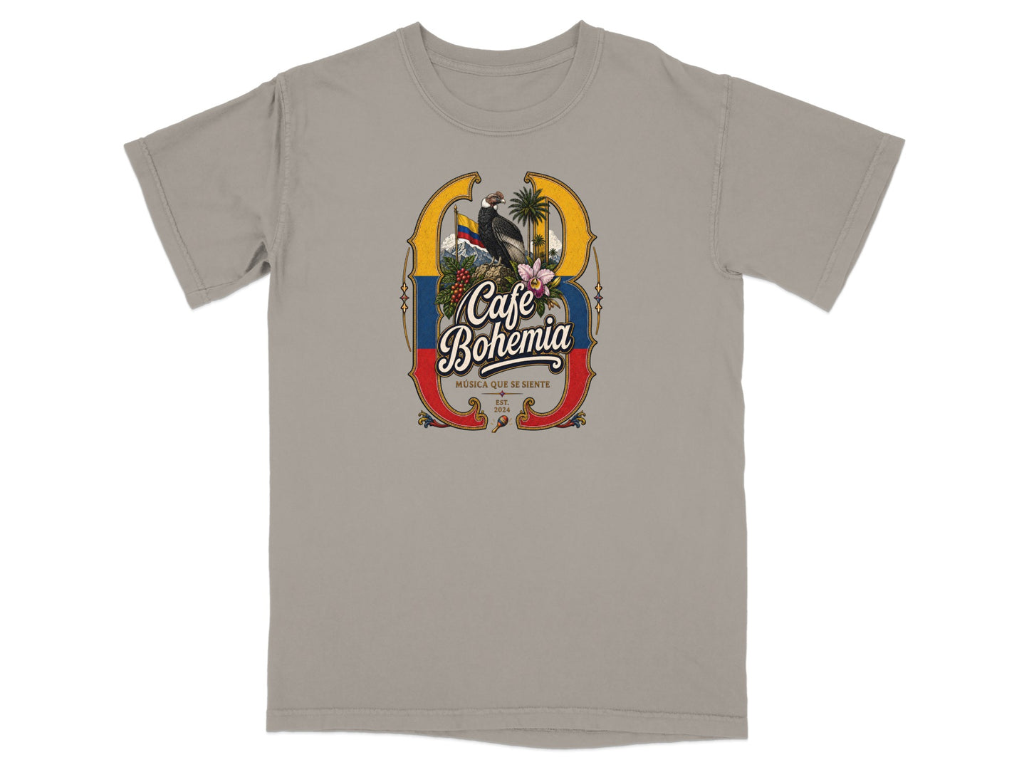 T-shirt with "Cafe Bohemia" text and Colombian flag, condor, and tropical flowers.