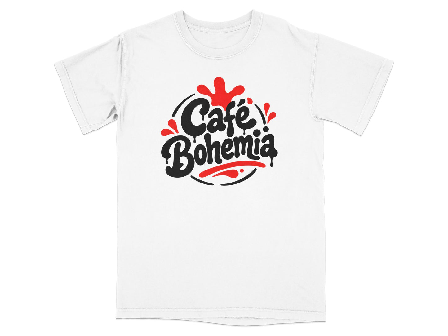 White t-shirt with "Café Bohemia" text logo in red and black.