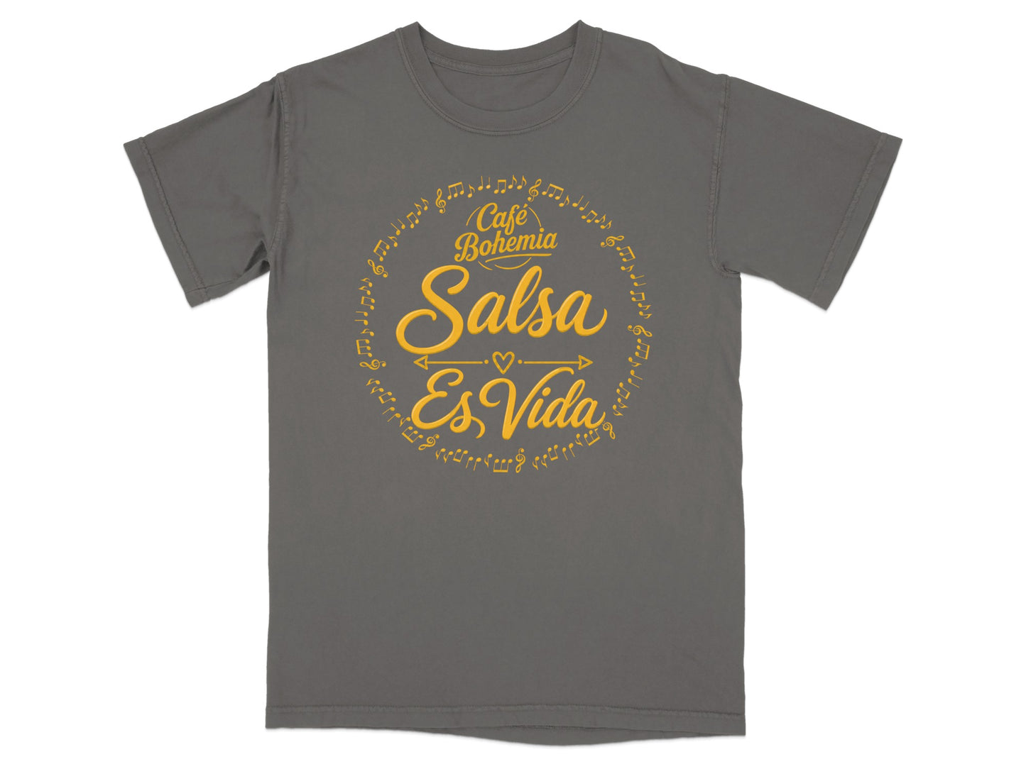 Gray t-shirt with "Cafe Bohemia Salsa Es Vida" text and musical notes.