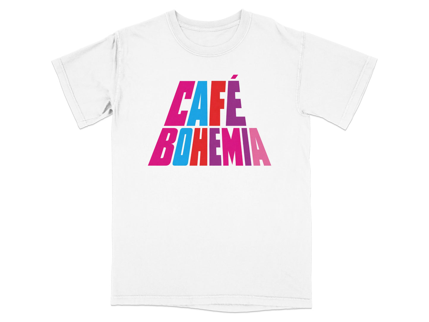 T-shirt with "CAFÉ BOHEMIA" in colorful, bold lettering.