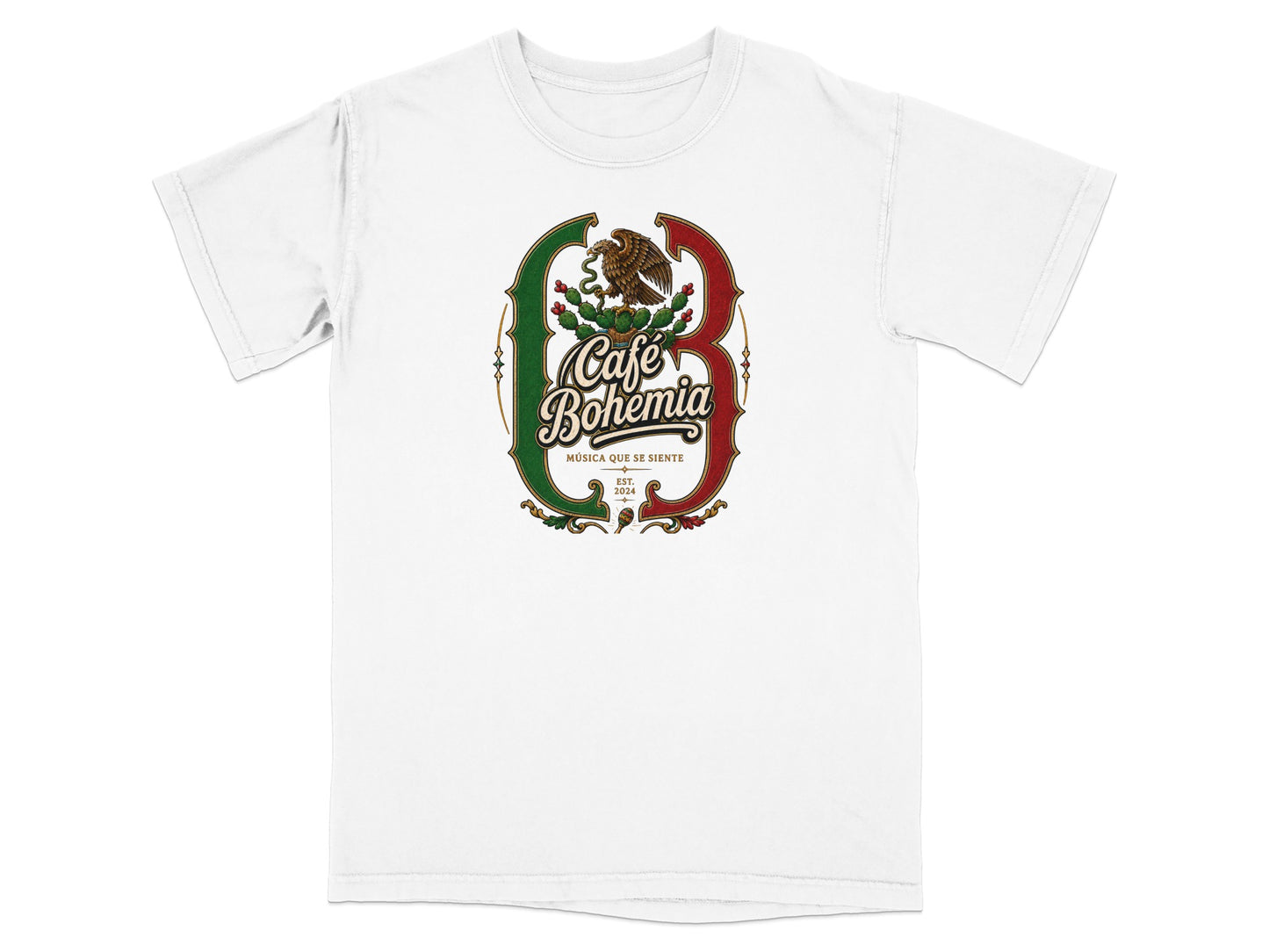 White t-shirt with "Café Bohemia Musica que se siente" logo featuring an eagle and cactus.