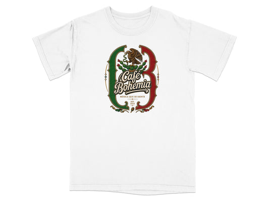 White t-shirt with "Café Bohemia Musica que se siente" logo featuring an eagle and cactus.