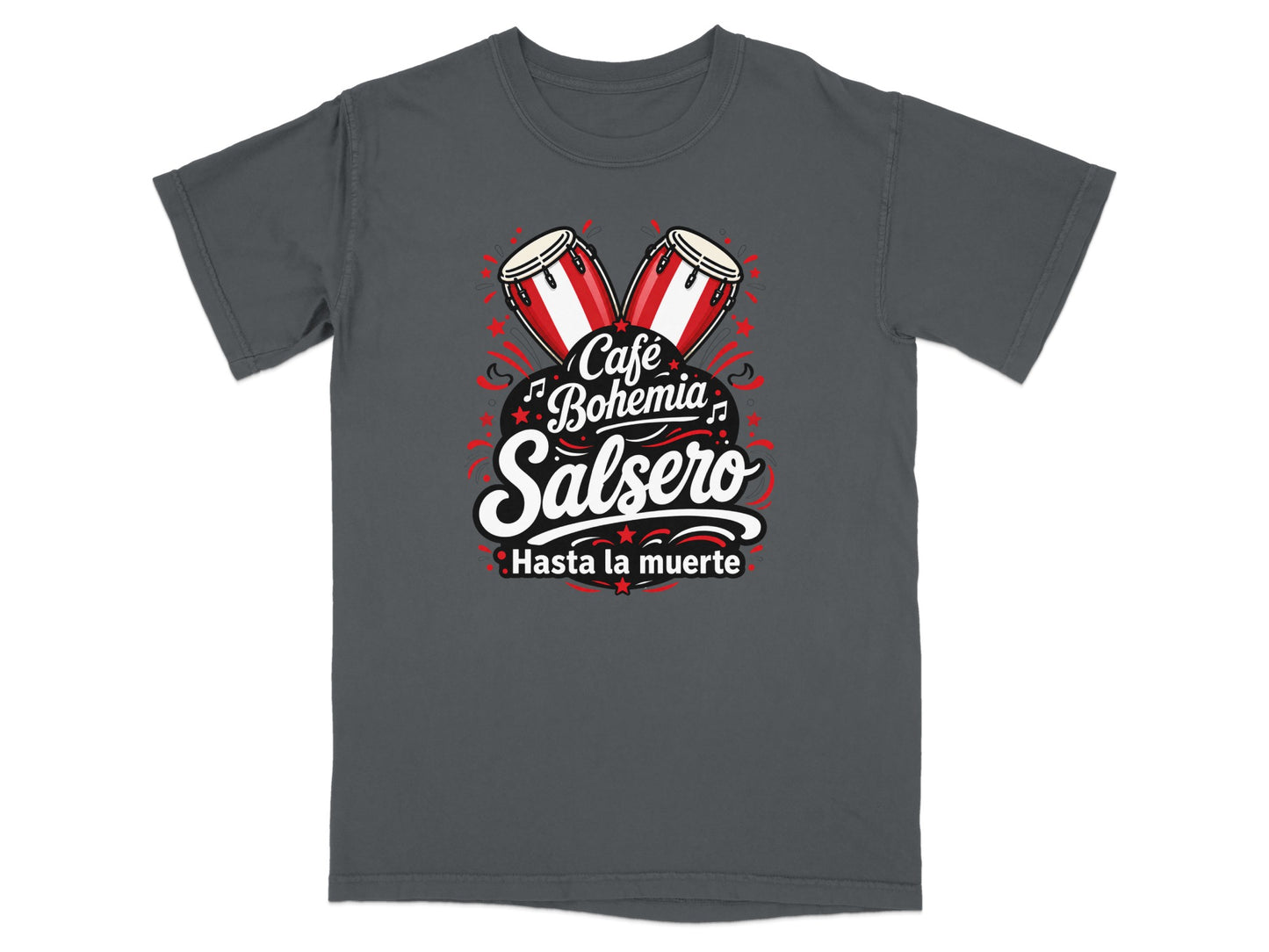 Dark gray t-shirt with "Café Bohemia Salsero Hasta la muerte" and bongo drums graphic.