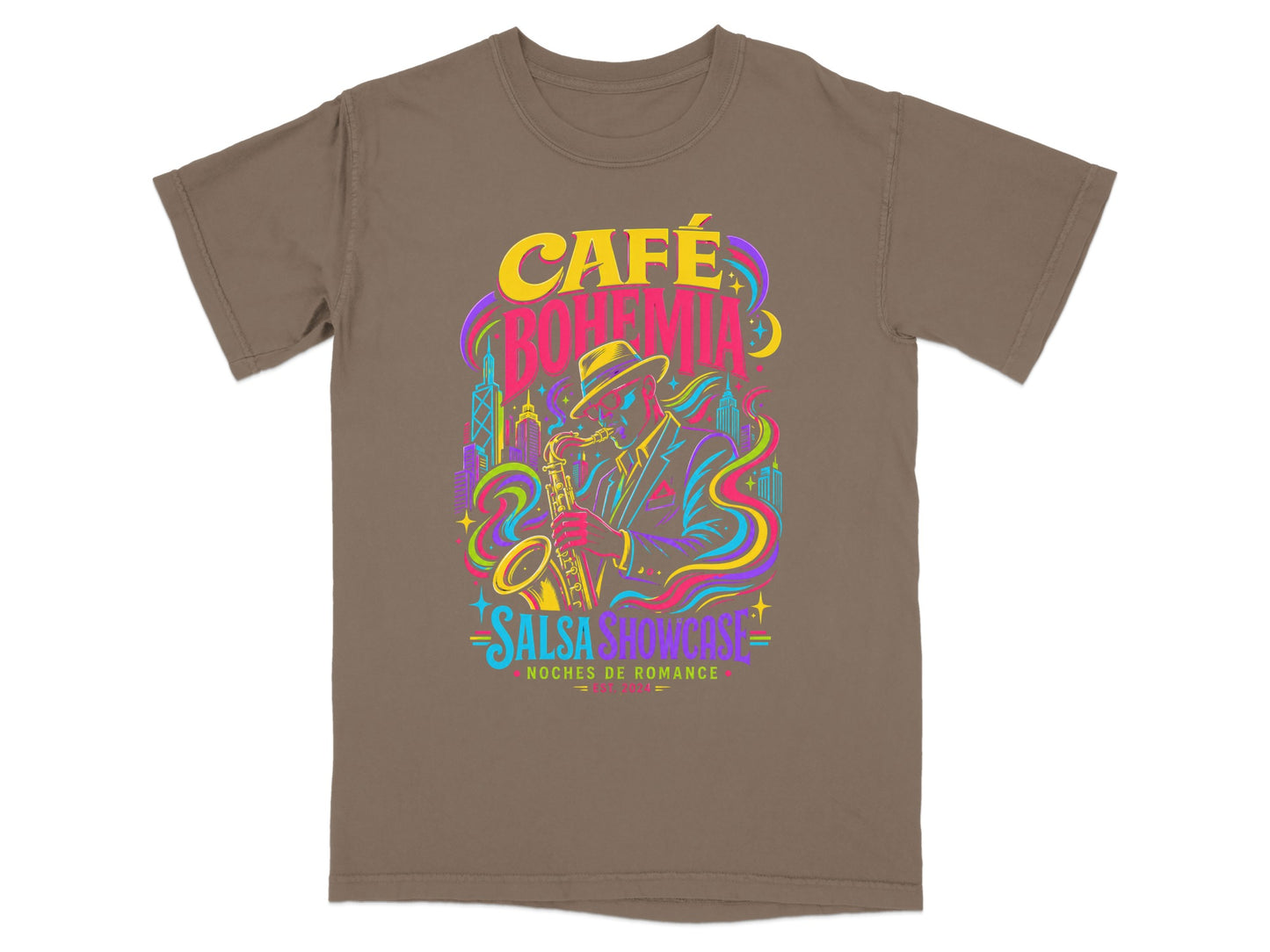 T-shirt with "Café Bohemia Salsa Showcase Noches de Romance" and a stylized saxophone player.