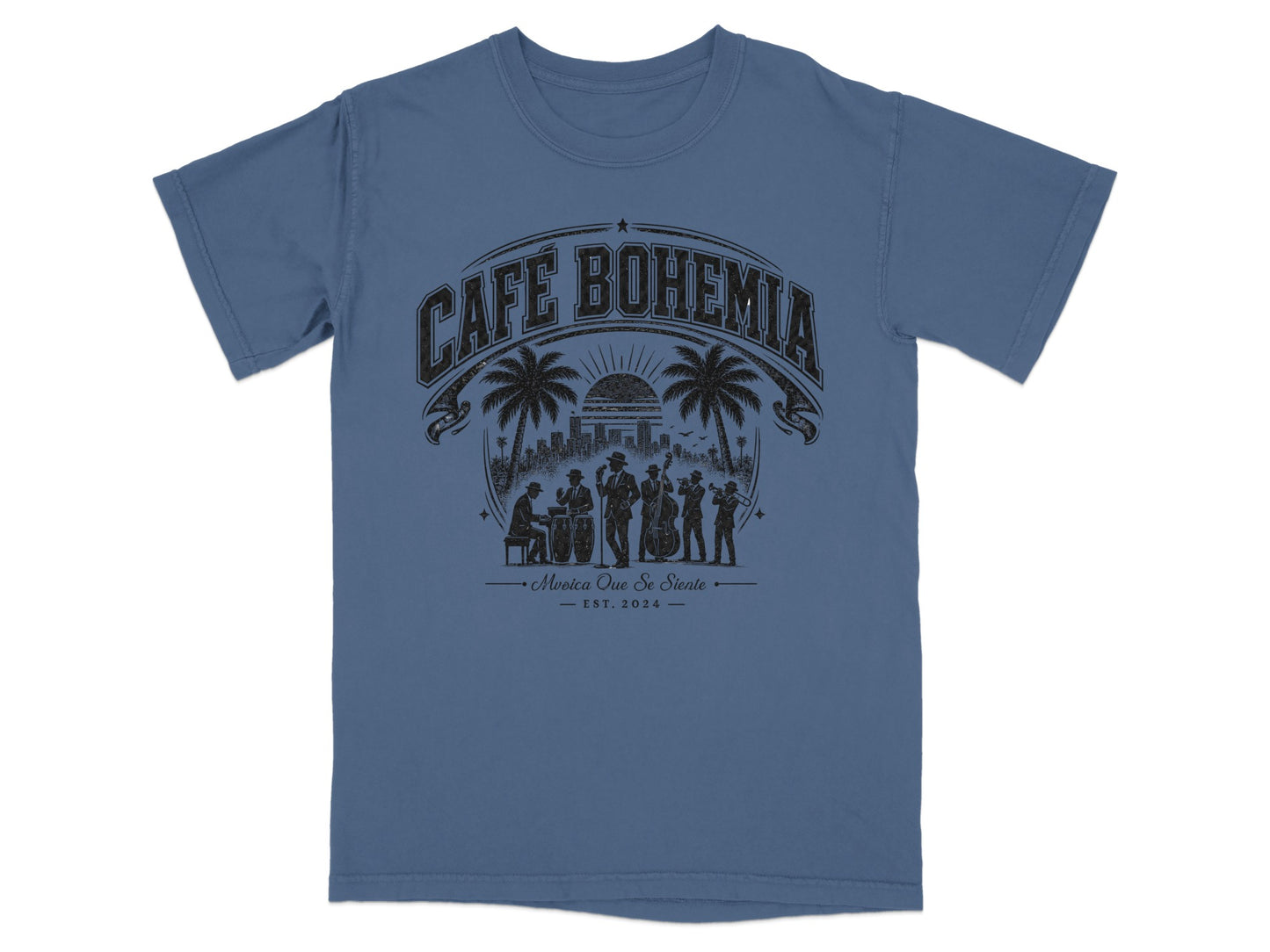 Cafe Bohemia t-shirt with palm trees and band playing music.